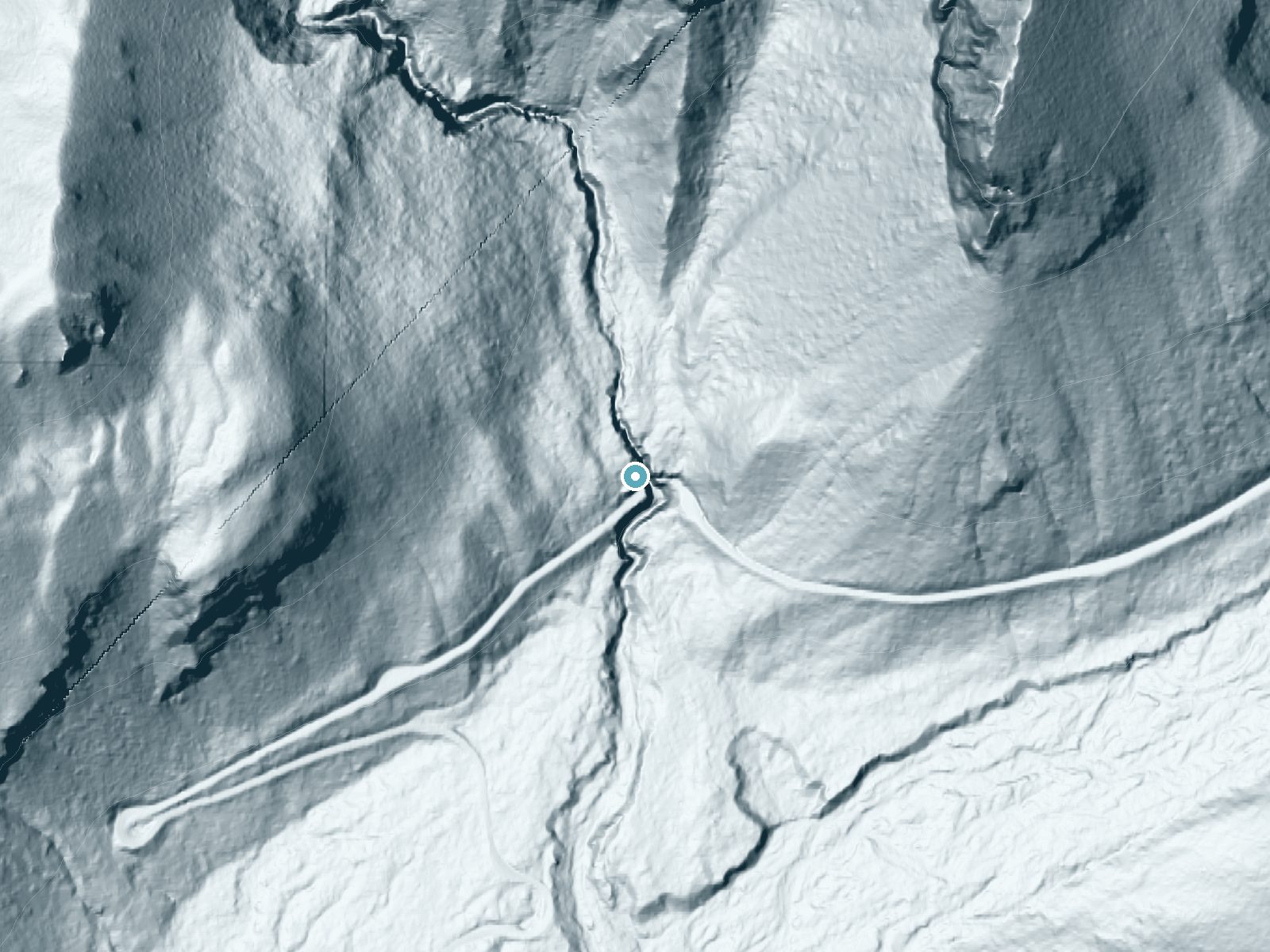 LiDAR bare-earth terrain around Christine Falls near Ashford, Washington, showing about 179 feet of drop, a steep tiered drop, facing south