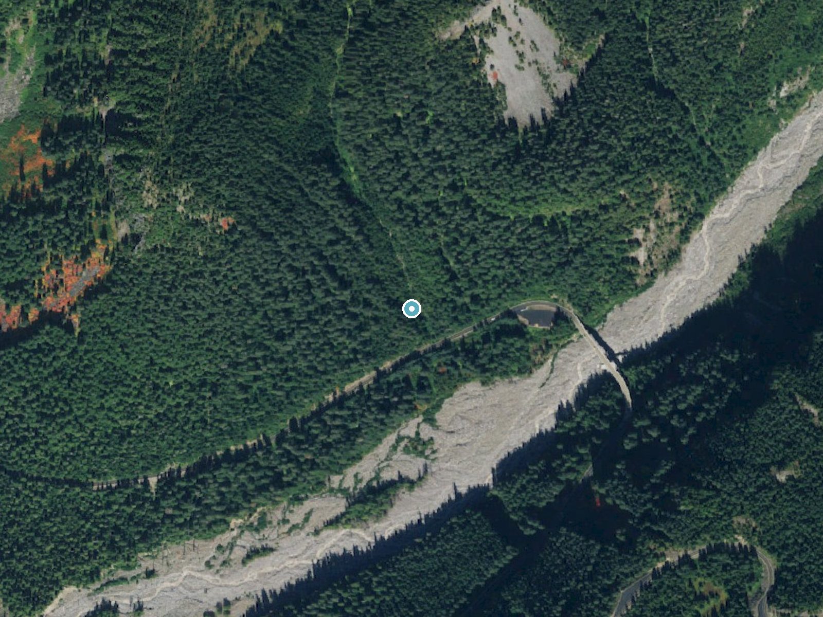 Aerial photo of the same ground around Nahunta Falls near Ashford, Washington, for comparison with the lidar view