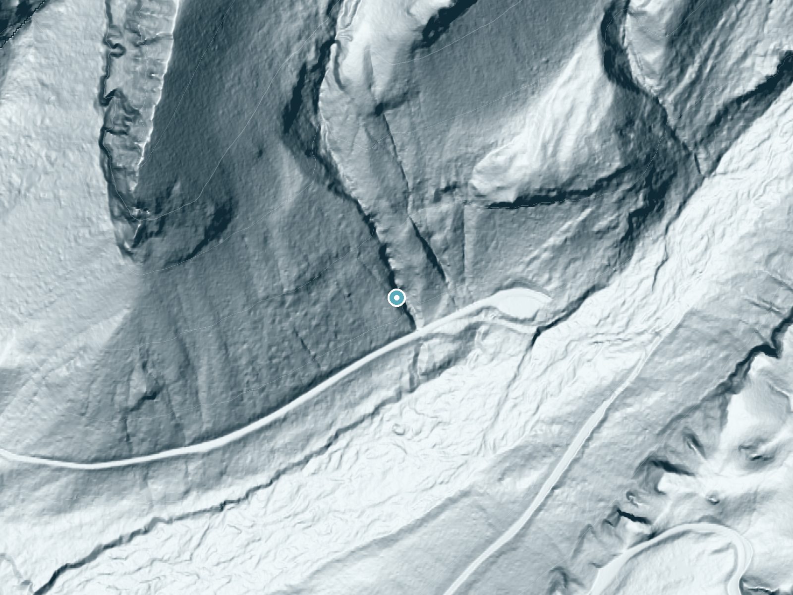 LiDAR bare-earth terrain around Nahunta Falls near Ashford, Washington, showing about 288 feet of drop, a steep tiered drop, facing southeast