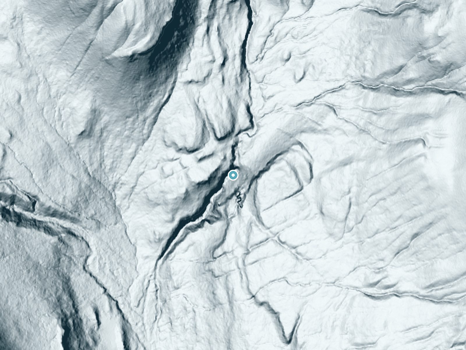 LiDAR bare-earth terrain around Saint Johns Falls near Packwood, Washington, showing about 325 feet of drop, a steep tiered drop, facing west