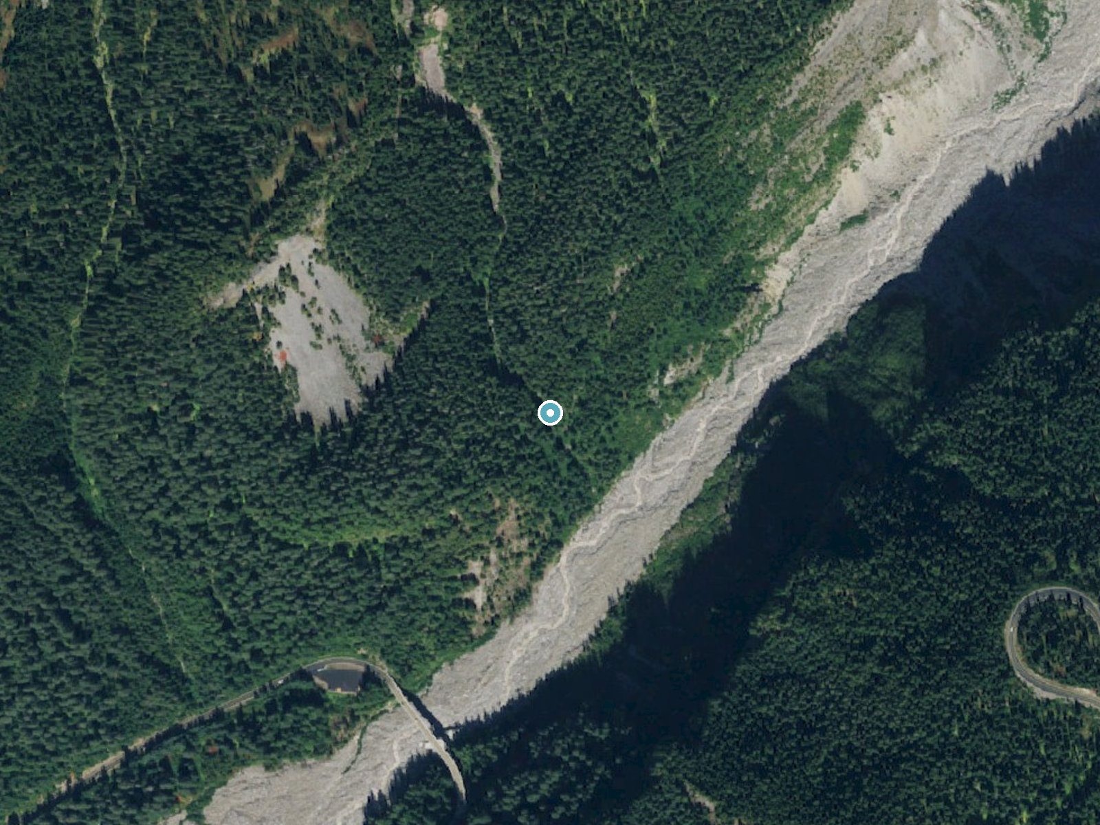 Aerial photo of the same ground around Tato Falls near Ashford, Washington, for comparison with the lidar view
