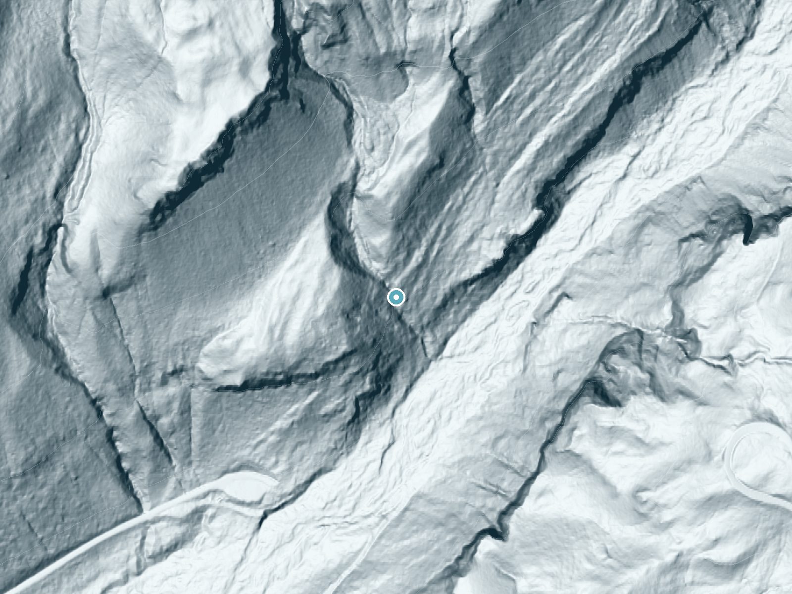 LiDAR bare-earth terrain around Tato Falls near Ashford, Washington, showing about 309 feet of drop, a steep tiered drop, facing southeast