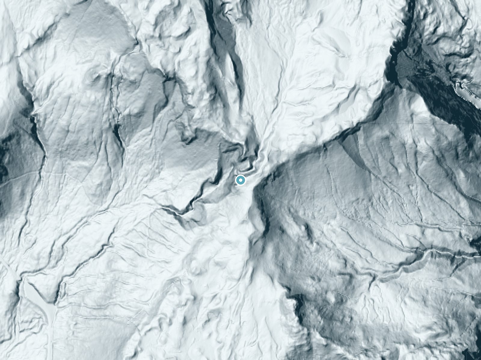 LiDAR bare-earth terrain around Sluiskin Falls near Packwood, Washington, showing about 276 feet of drop, a steep tiered drop, facing west