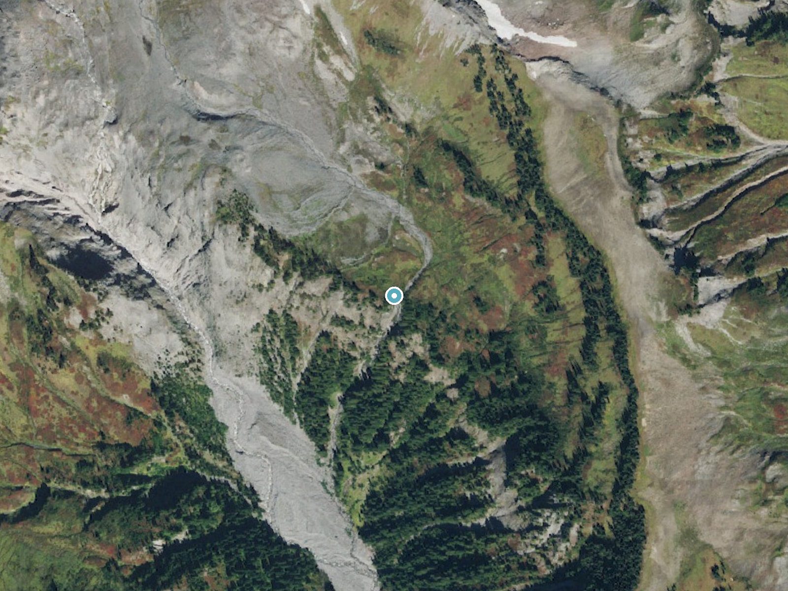 Aerial photo of the same ground around Fairy Falls near Packwood, Washington, for comparison with the lidar view