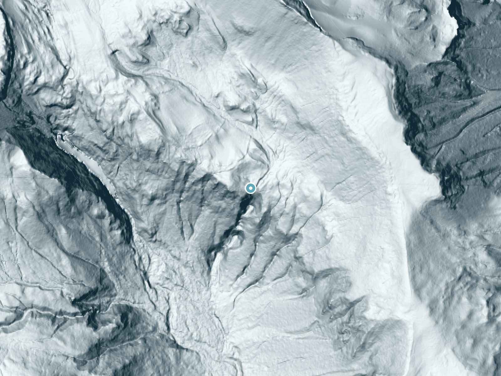 LiDAR bare-earth terrain around Fairy Falls near Packwood, Washington, showing about 320 feet of drop, a single sheer drop, facing south