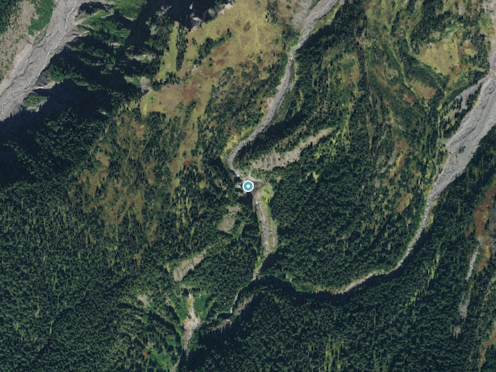 Aerial photo of the same ground around Comet Falls near Ashford, Washington, for comparison with the lidar view