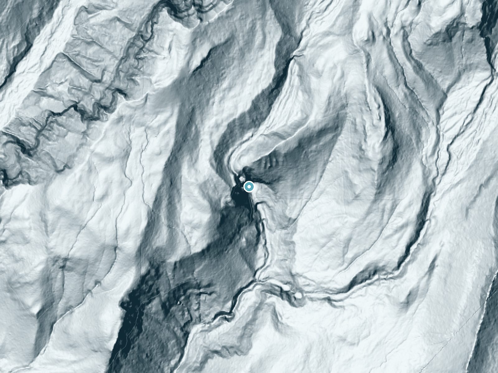 LiDAR bare-earth terrain around Comet Falls near Ashford, Washington, showing about 548 feet of drop, a single sheer drop, facing southeast