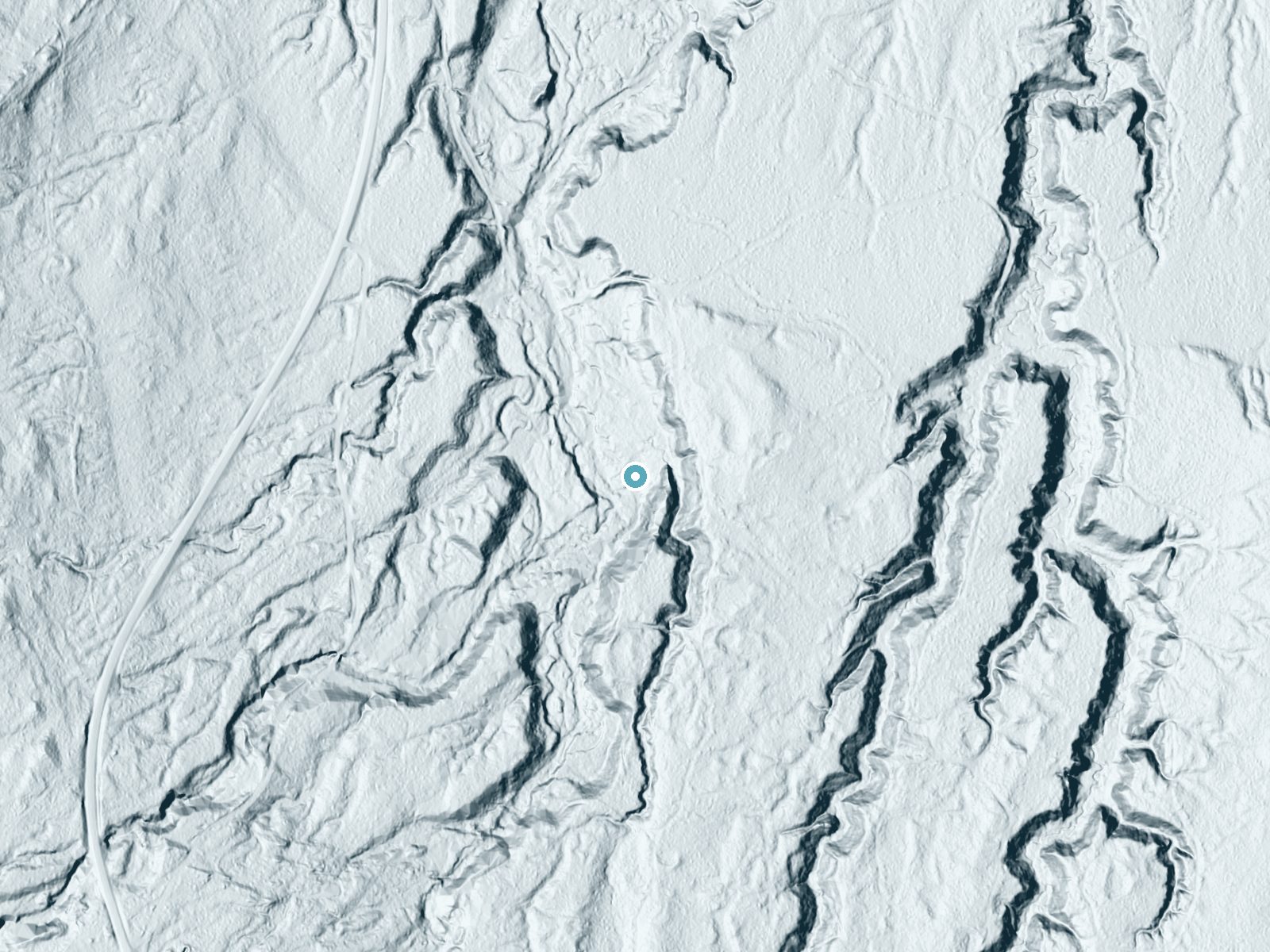 LiDAR bare-earth terrain around Little Union Gorge Falls near White Pine, Michigan, showing about 59 feet of drop, a steep tiered drop, facing northwest