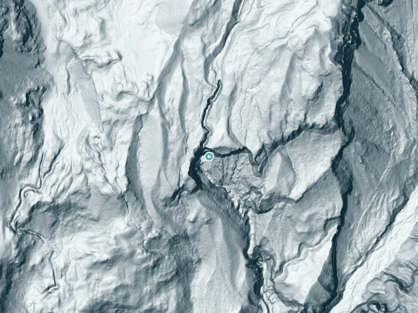 LiDAR bare-earth terrain around Pearl Falls near Ashford, Washington, showing about 574 feet of drop, a single sheer drop, facing south