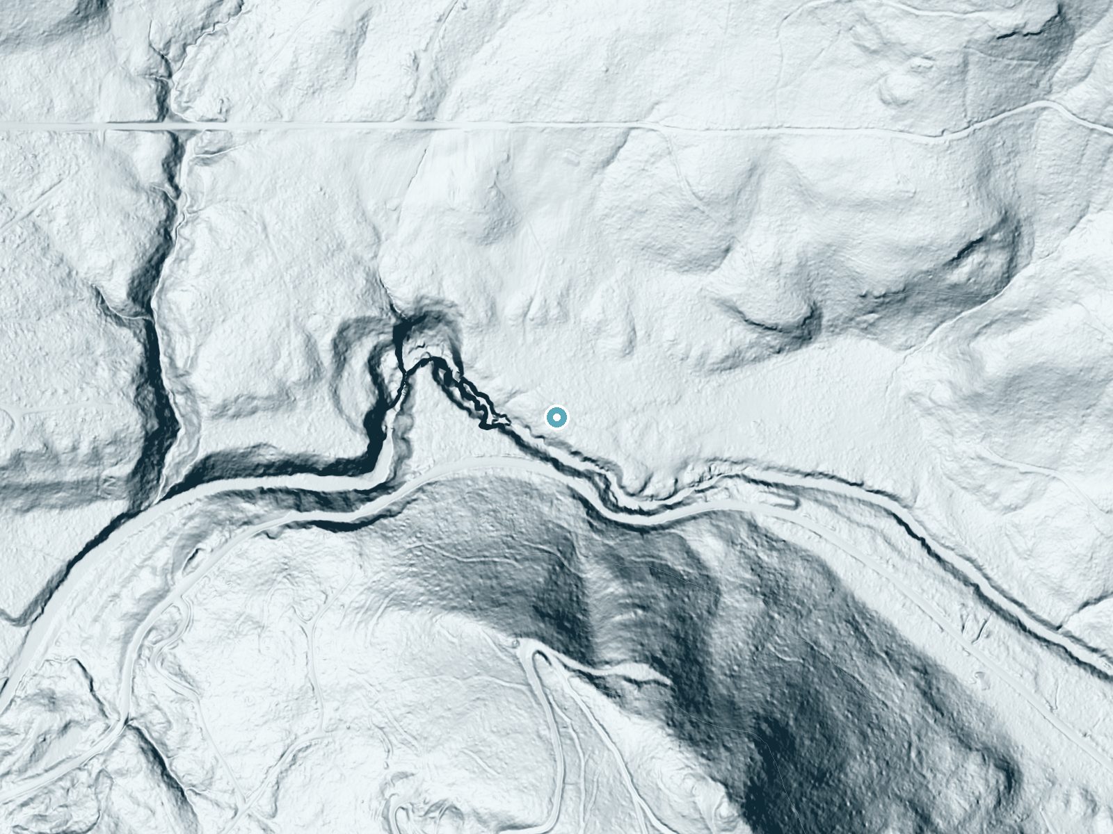 LiDAR bare-earth terrain around Deschutes Falls near La Grande, Washington, showing about 67 feet of drop, a long cascade, facing southwest