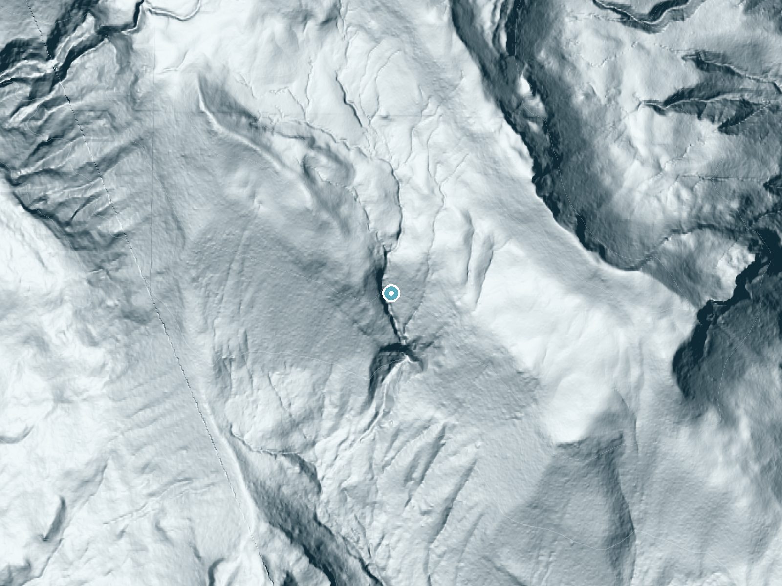 LiDAR bare-earth terrain around Twin Falls near Packwood, Washington, showing about 267 feet of drop, a steep tiered drop, facing south