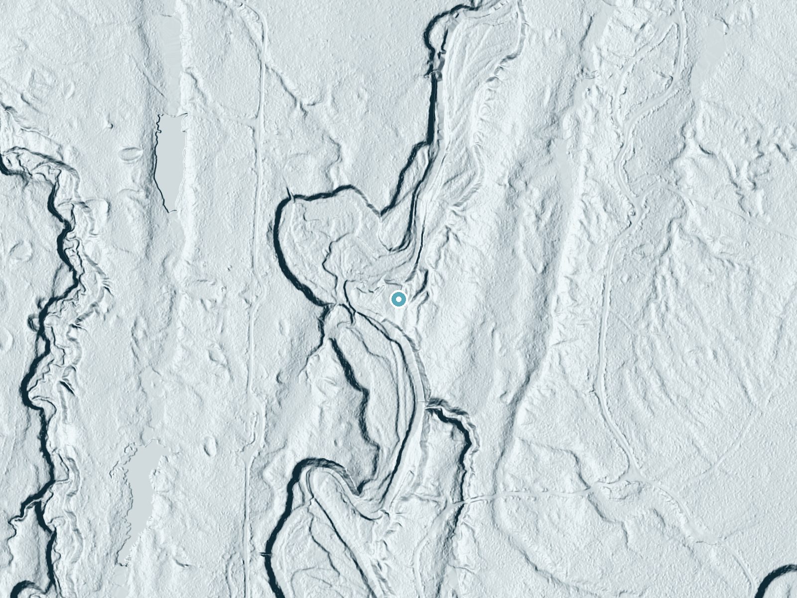 LiDAR bare-earth terrain around Pewabeck Falls near White Pine, Michigan, showing about 35 feet of drop, a long cascade, facing northwest