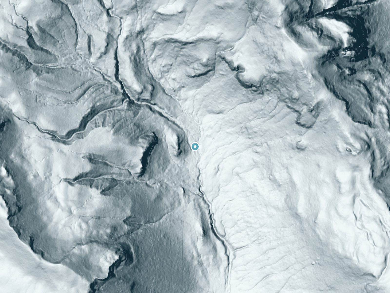LiDAR bare-earth terrain around Marie Falls near Packwood, Washington, showing about 153 feet of drop, a steep tiered drop, facing southeast