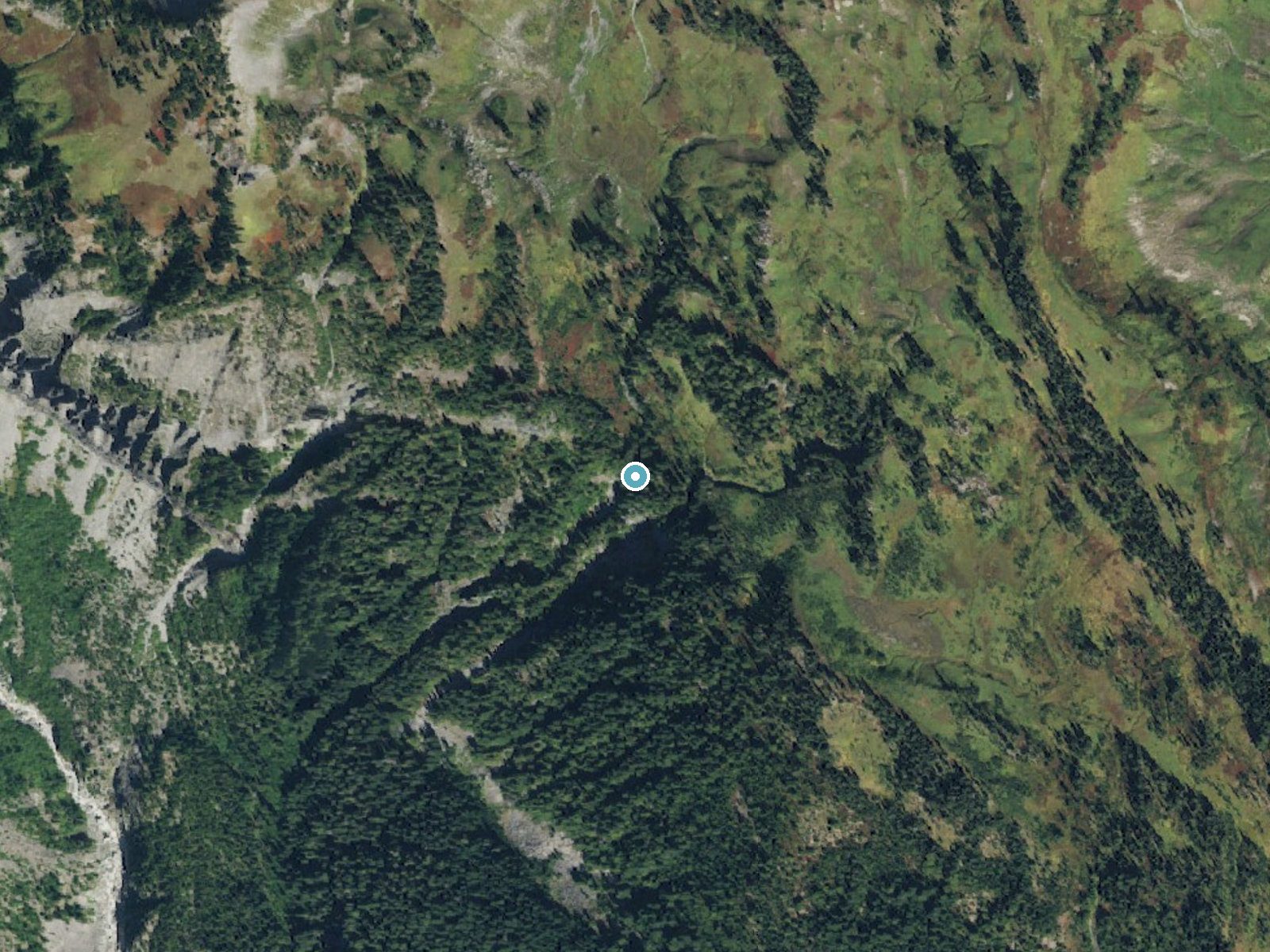Aerial photo of the same ground around Basaltic Falls near Packwood, Washington, for comparison with the lidar view
