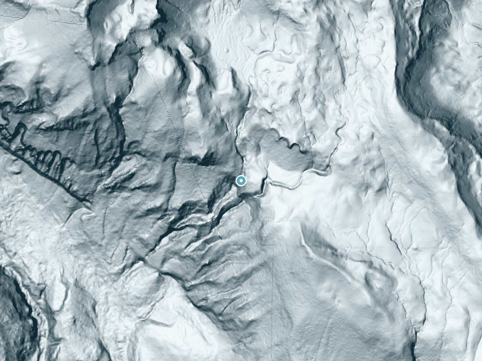 LiDAR bare-earth terrain around Basaltic Falls near Packwood, Washington, showing about 379 feet of drop, a single sheer drop, facing southwest
