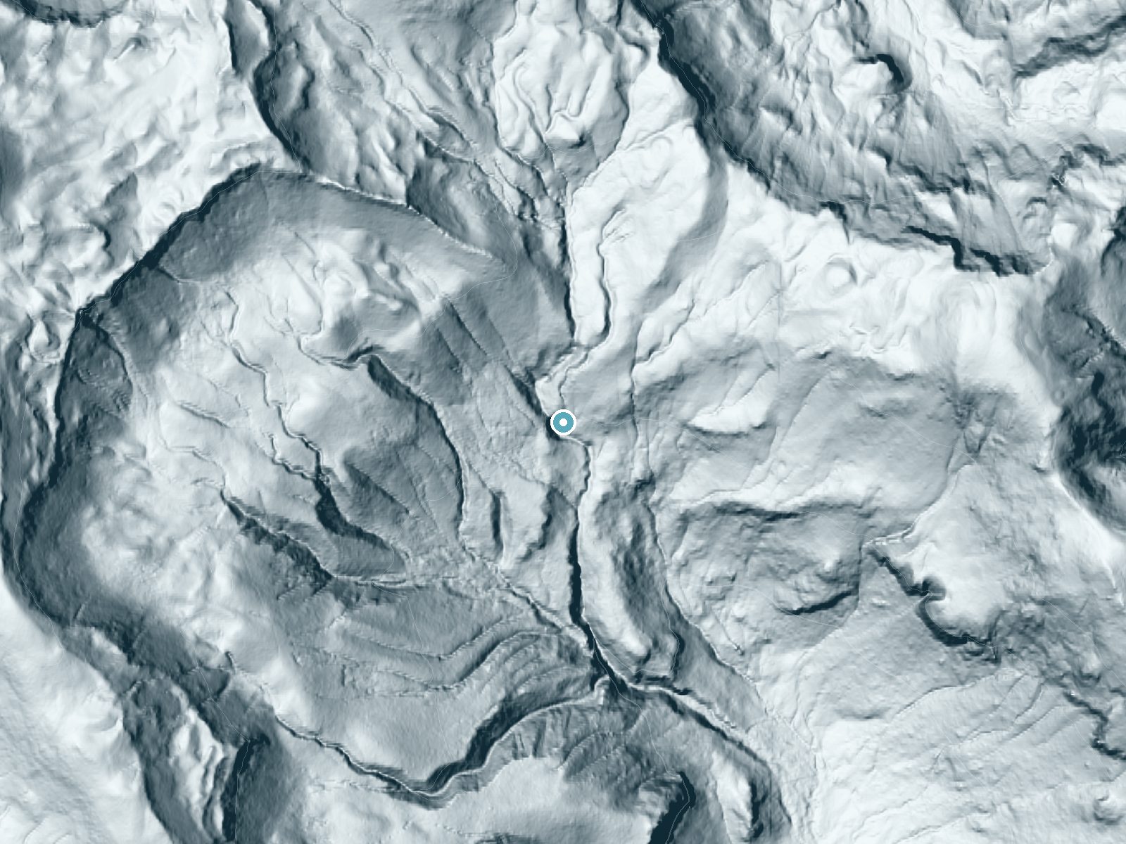 LiDAR bare-earth terrain around Mary Belle Falls near Packwood, Washington, showing about 193 feet of drop, a steep tiered drop, facing south