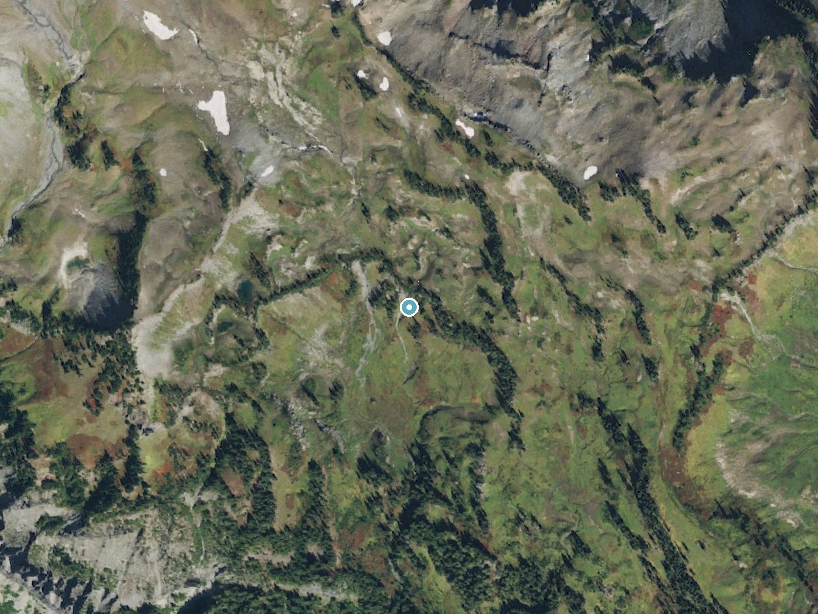 Aerial photo of the same ground around Trixie Falls near Packwood, Washington, for comparison with the lidar view