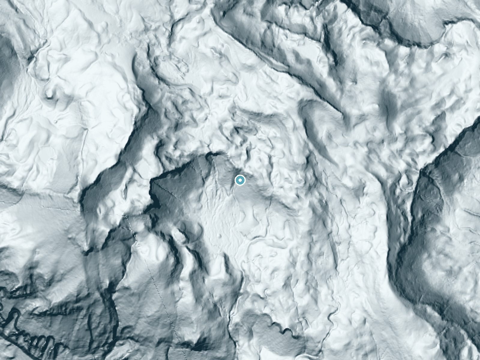 LiDAR bare-earth terrain around Trixie Falls near Packwood, Washington, showing about 238 feet of drop, a steep tiered drop, facing southwest