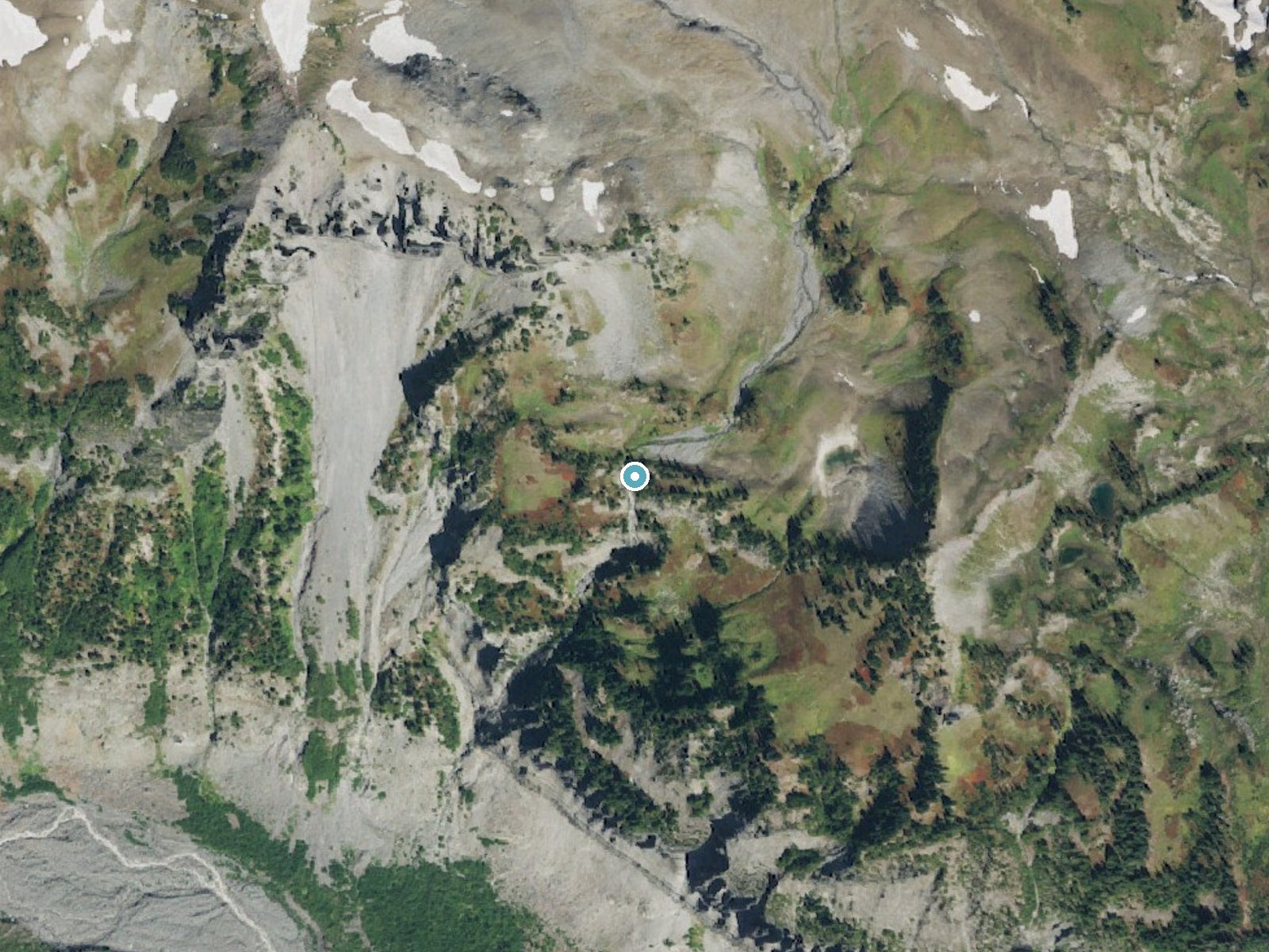 Aerial photo of the same ground around Margaret Falls near Packwood, Washington, for comparison with the lidar view
