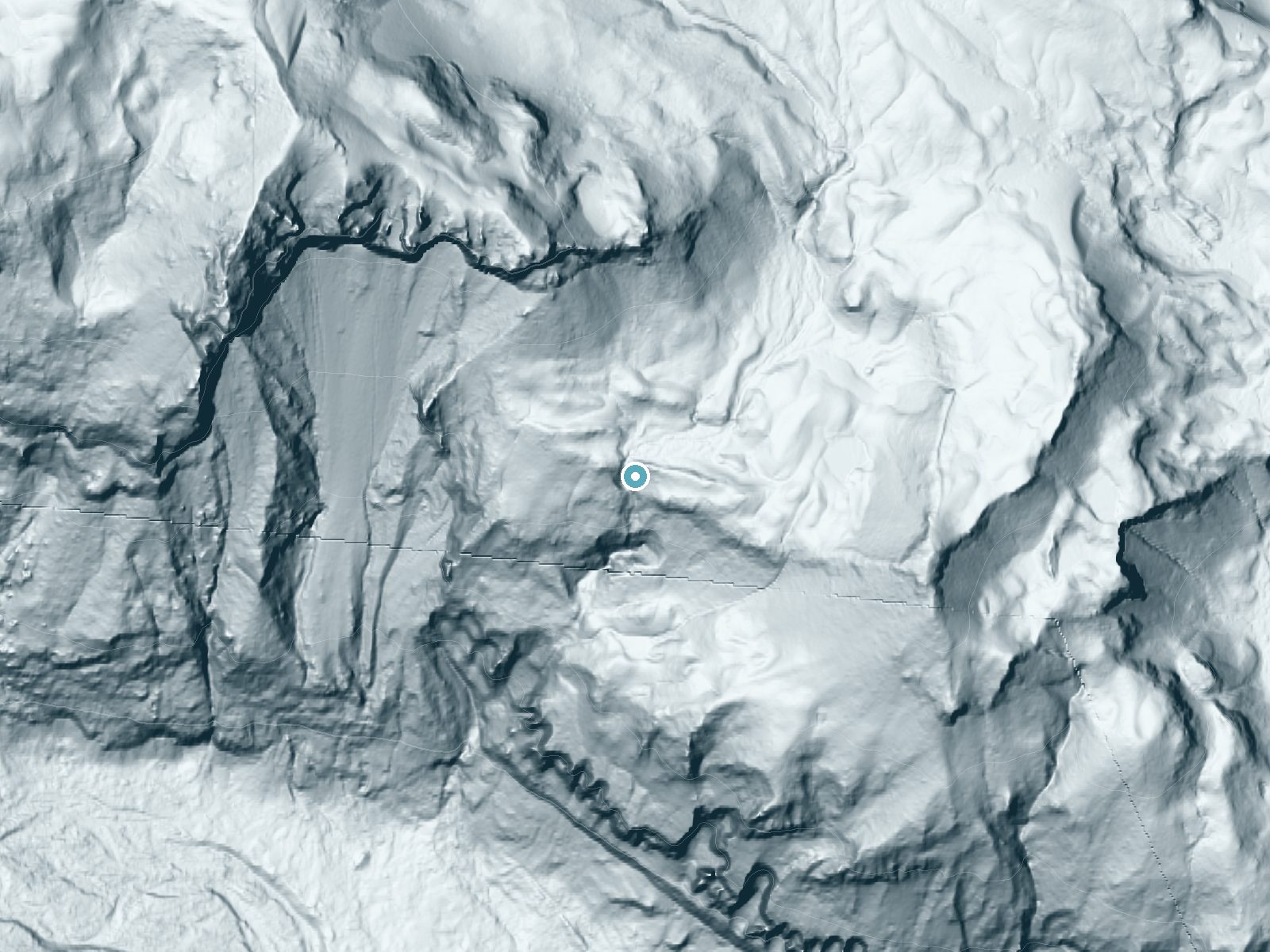 LiDAR bare-earth terrain around Margaret Falls near Packwood, Washington, showing about 245 feet of drop, a steep tiered drop, facing south