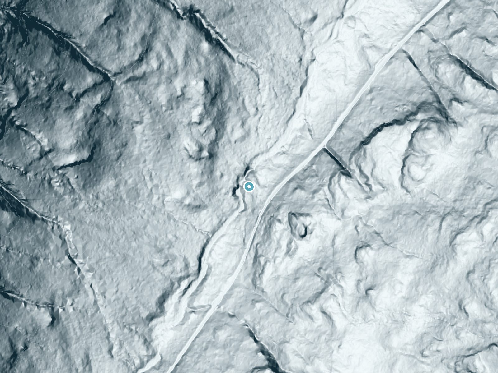 LiDAR bare-earth terrain around Stafford Falls near Packwood, Washington, showing about 193 feet of drop, a steep tiered drop, facing west