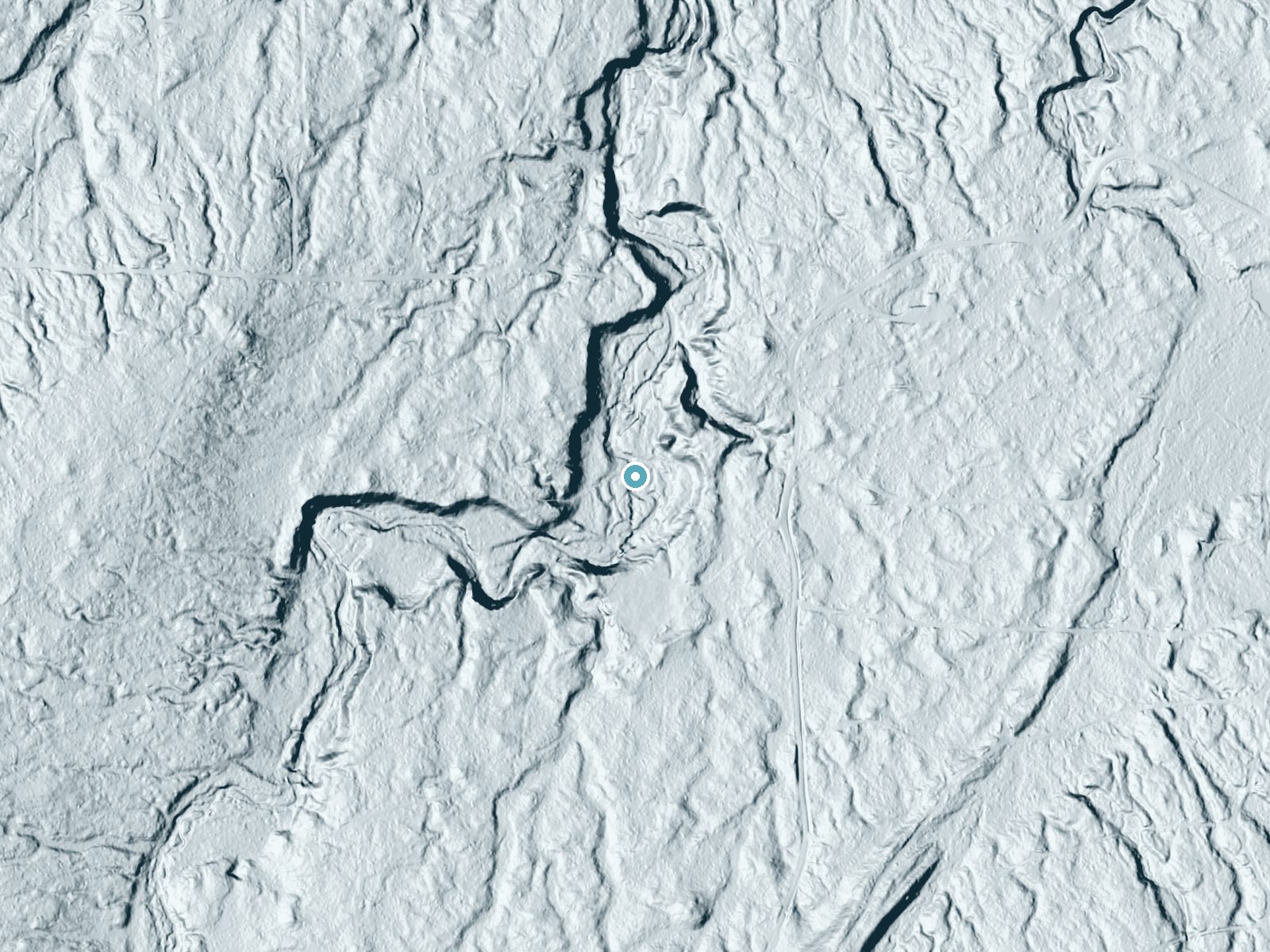 LiDAR bare-earth terrain around Ravine River Falls near Skanee, Michigan, showing about 33 feet of drop