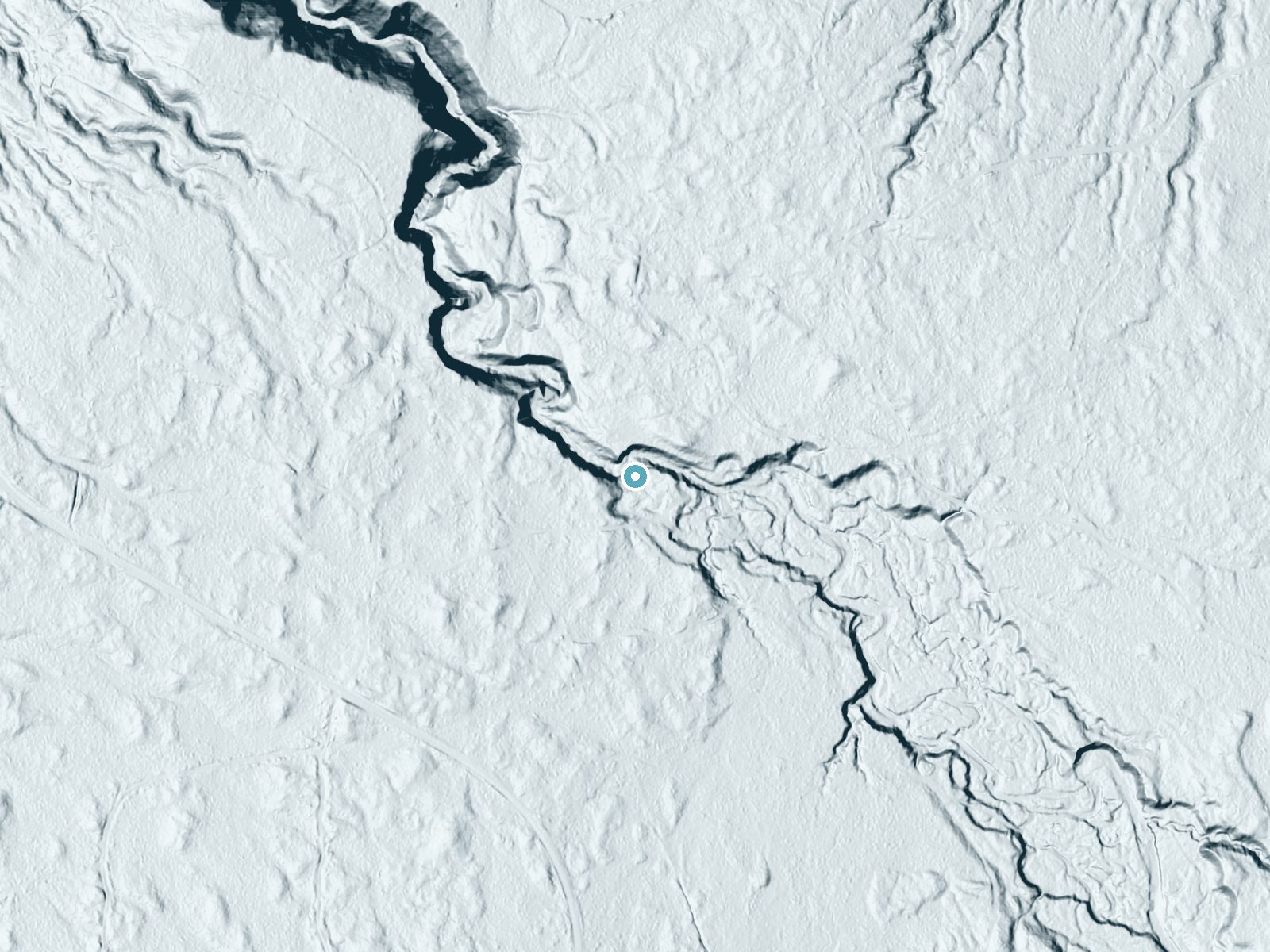 LiDAR bare-earth terrain around Black Slate Falls near Skanee, Michigan, showing about 45 feet of drop, a long cascade, facing north