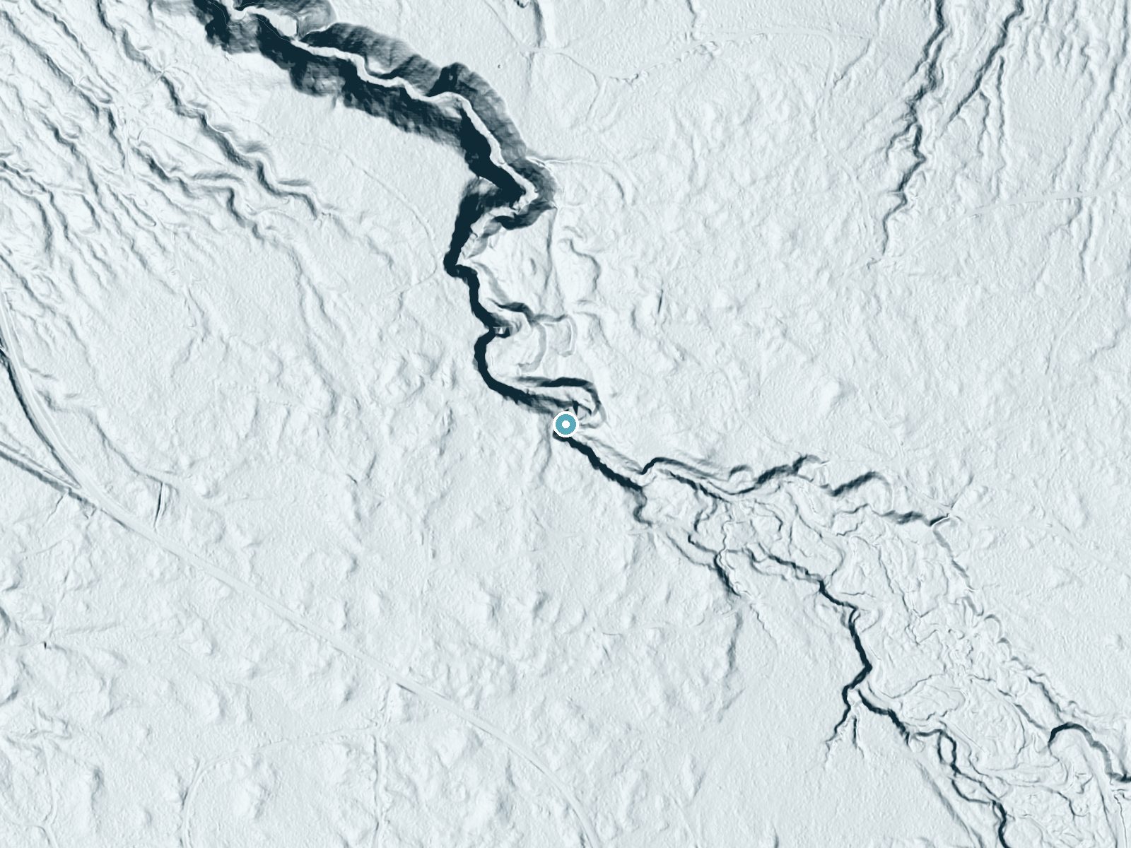 LiDAR bare-earth terrain around Quartzite Falls near Skanee, Michigan, showing about 63 feet of drop, a steep tiered drop, facing northeast