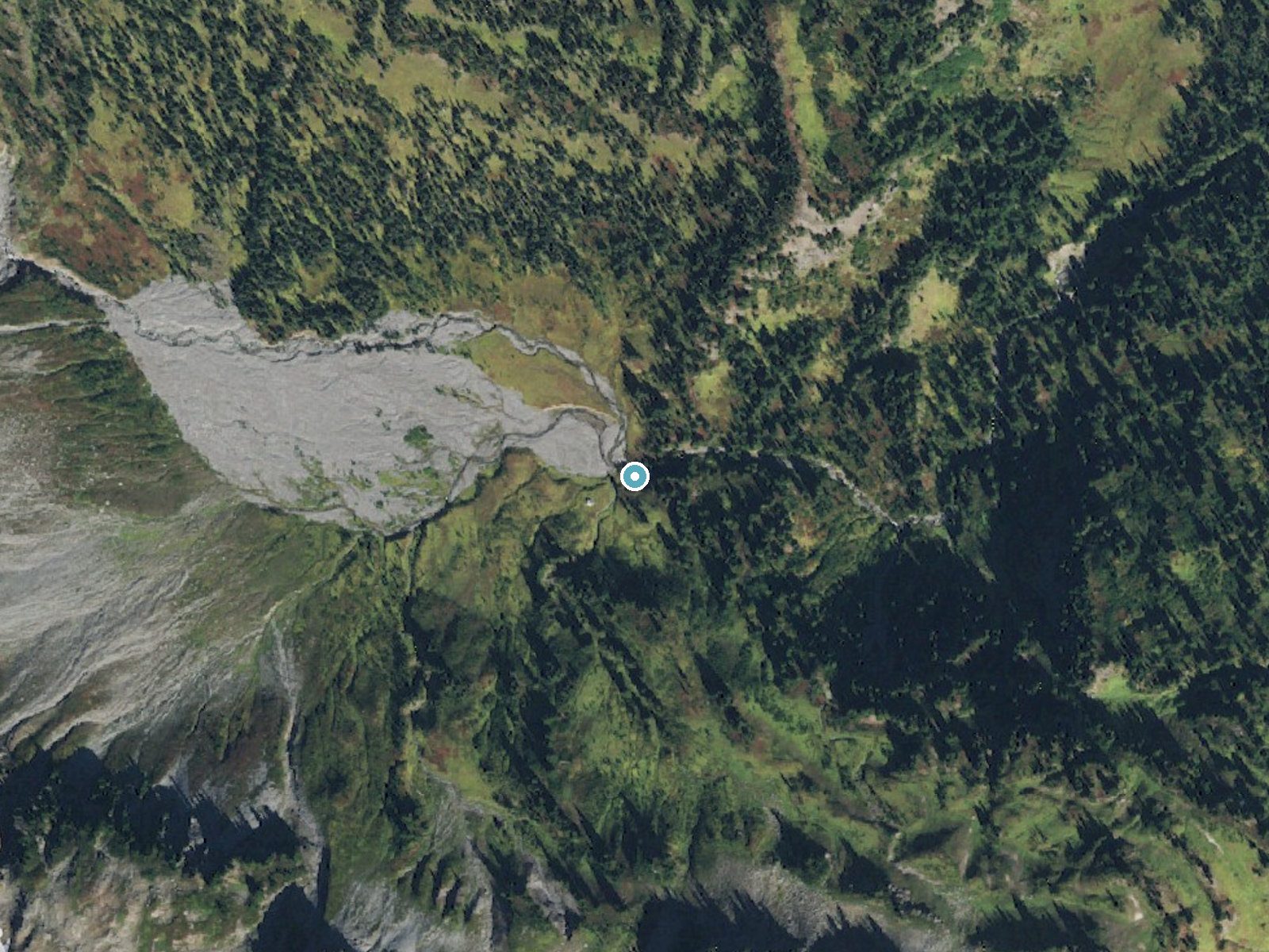 Aerial photo of the same ground around Wauhaukaupauken Falls near Packwood, Washington, for comparison with the lidar view