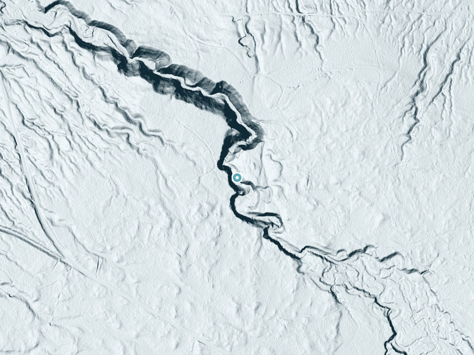 LiDAR bare-earth terrain around Slide Falls near Skanee, Michigan, showing about 84 feet of drop, a steep tiered drop, facing north