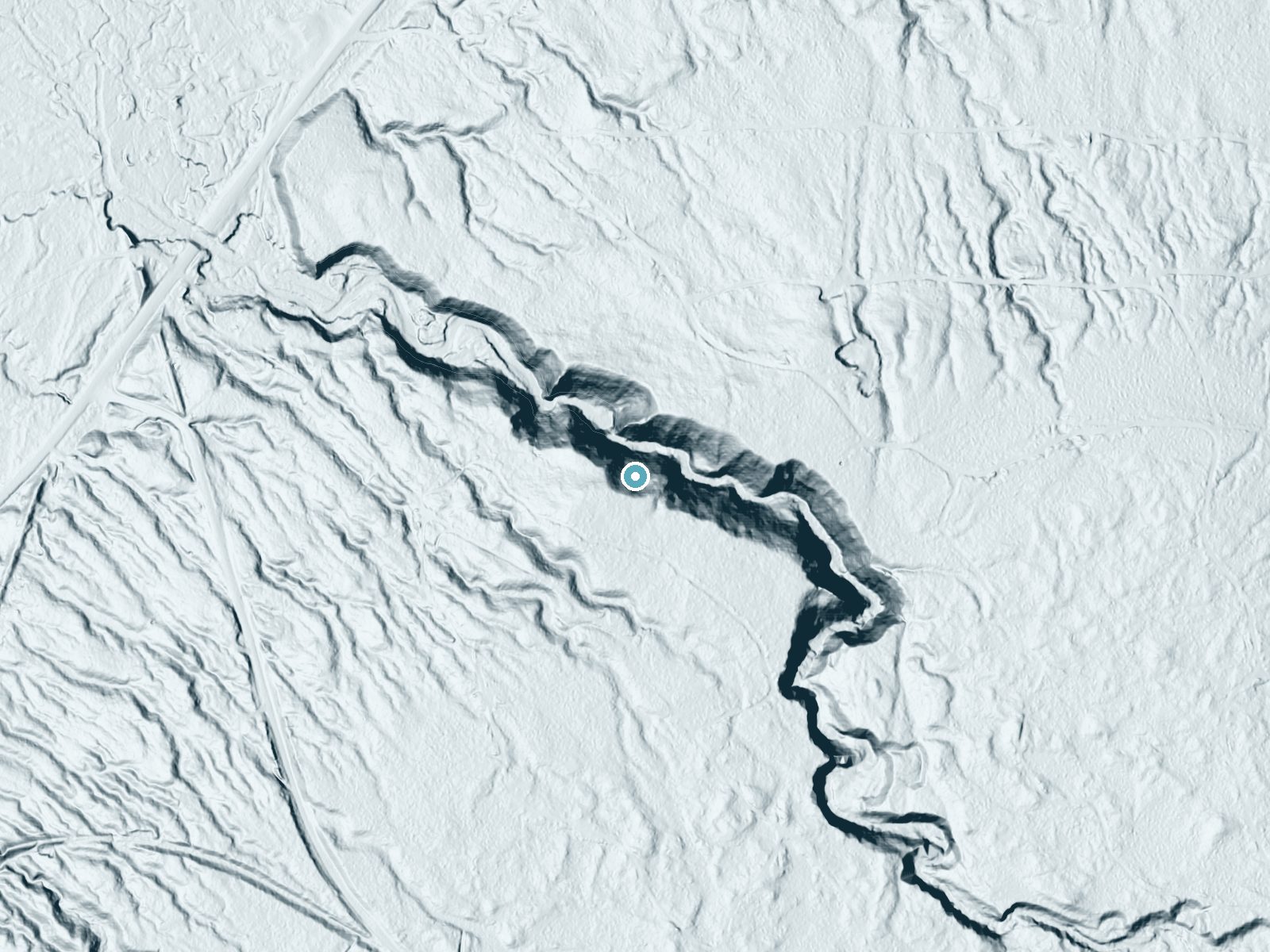 LiDAR bare-earth terrain around Slate River Falls near Skanee, Michigan, showing about 151 feet of drop, a steep tiered drop, facing north