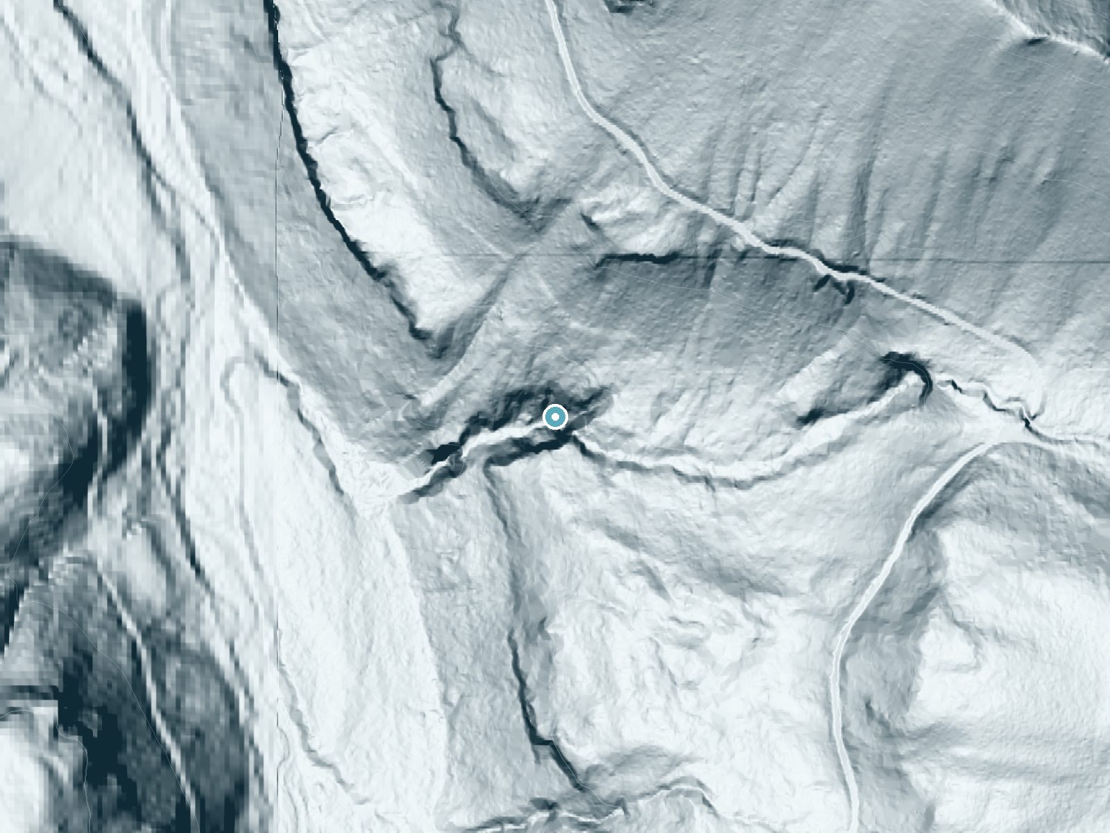 LiDAR bare-earth terrain around Larrupin Falls near Ashford, Washington, showing about 296 feet of drop, a steep tiered drop, facing west