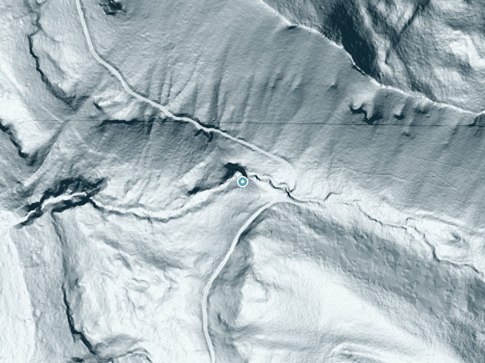 LiDAR bare-earth terrain around Denman Falls near Ashford, Washington, showing about 284 feet of drop, a single sheer drop, facing west