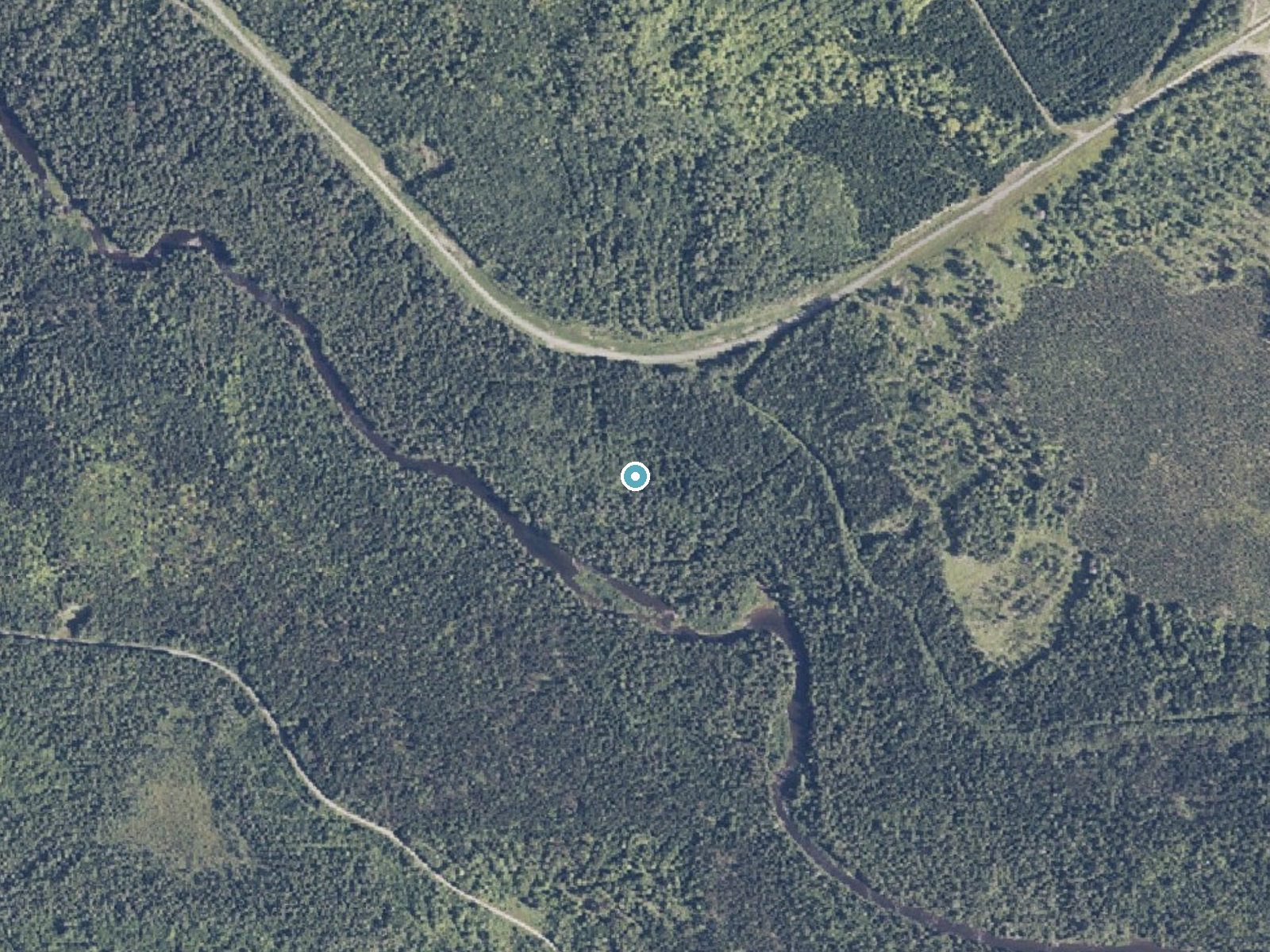 Aerial photo of the same ground around Skew Falls near Caribou, Maine, for comparison with the lidar view