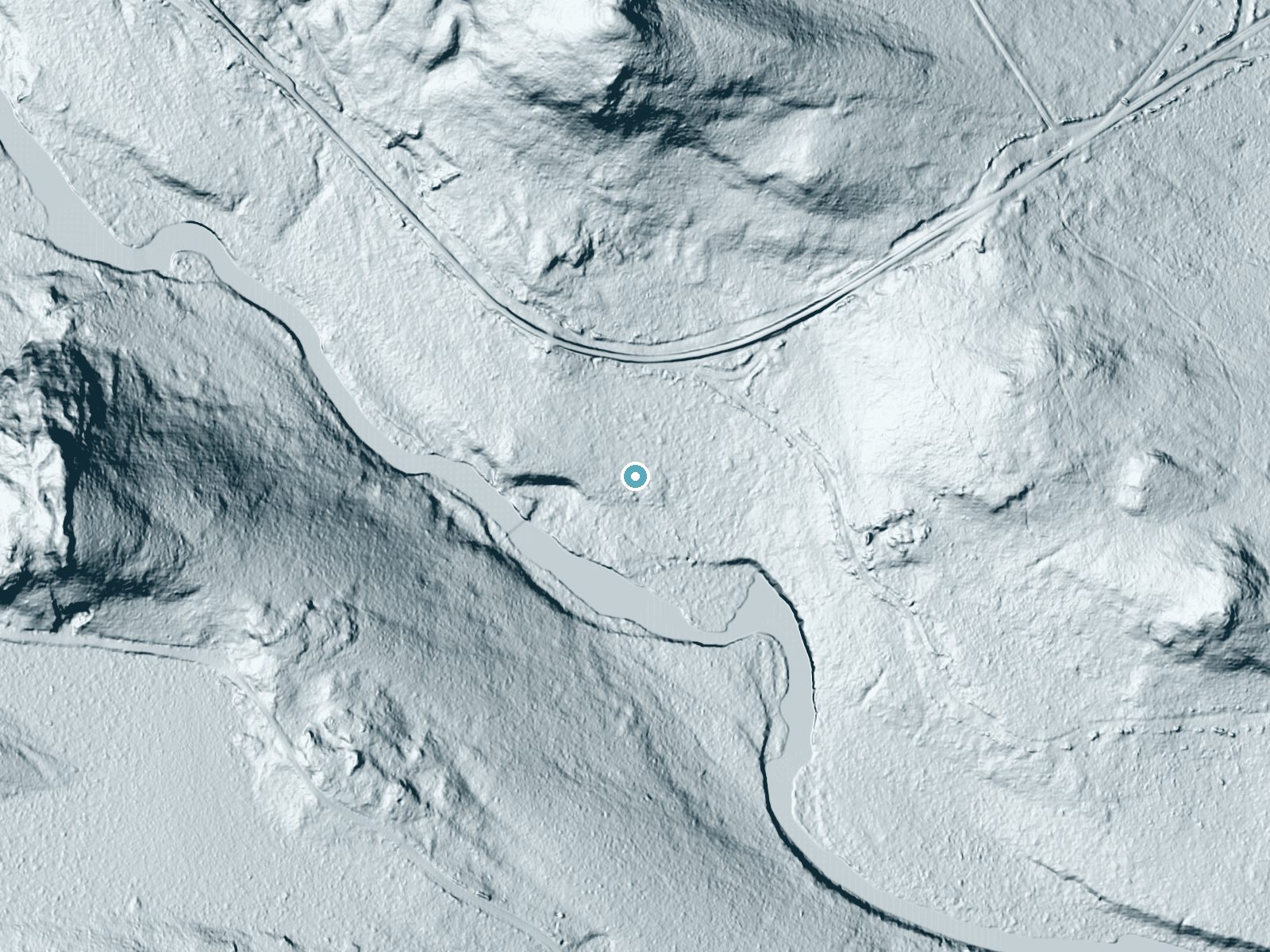 LiDAR bare-earth terrain around Skew Falls near Caribou, Maine, showing about 28 feet of drop, a long cascade, facing south