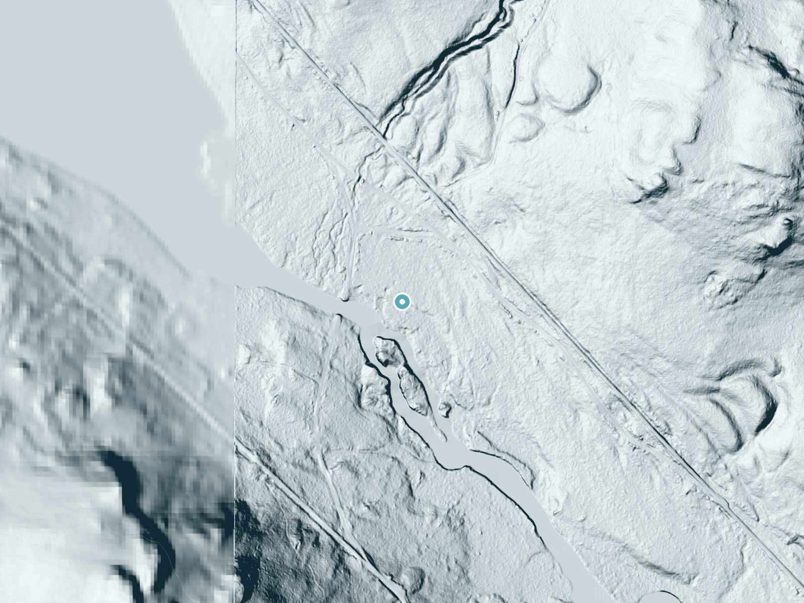 LiDAR bare-earth terrain around Fish River Falls near Caribou, Maine, showing about 23 feet of drop, a long cascade, facing southwest