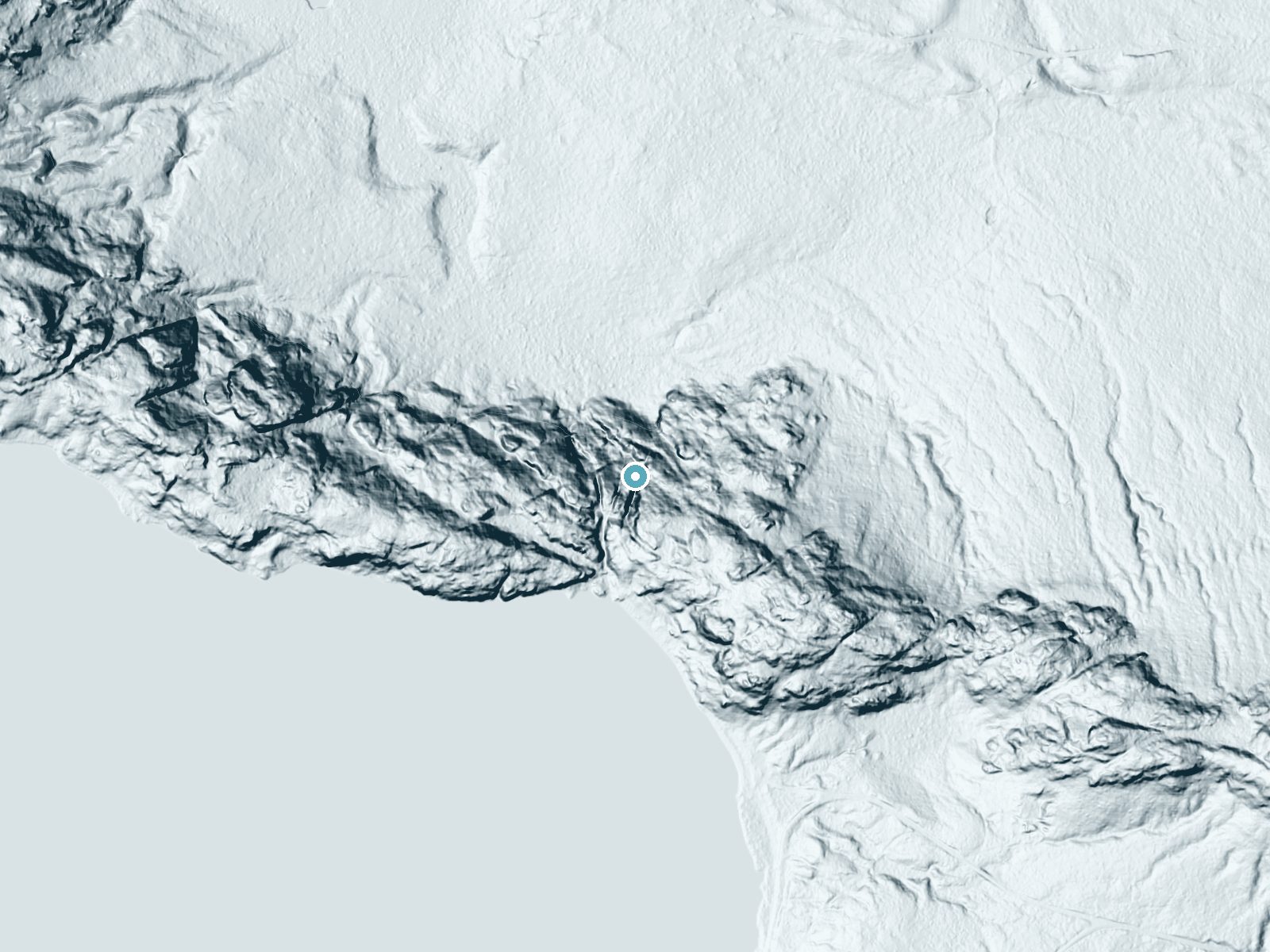 LiDAR bare-earth terrain around Eighty Foot Falls near Big Bay, Michigan, showing about 176 feet of drop, a steep tiered drop, facing north