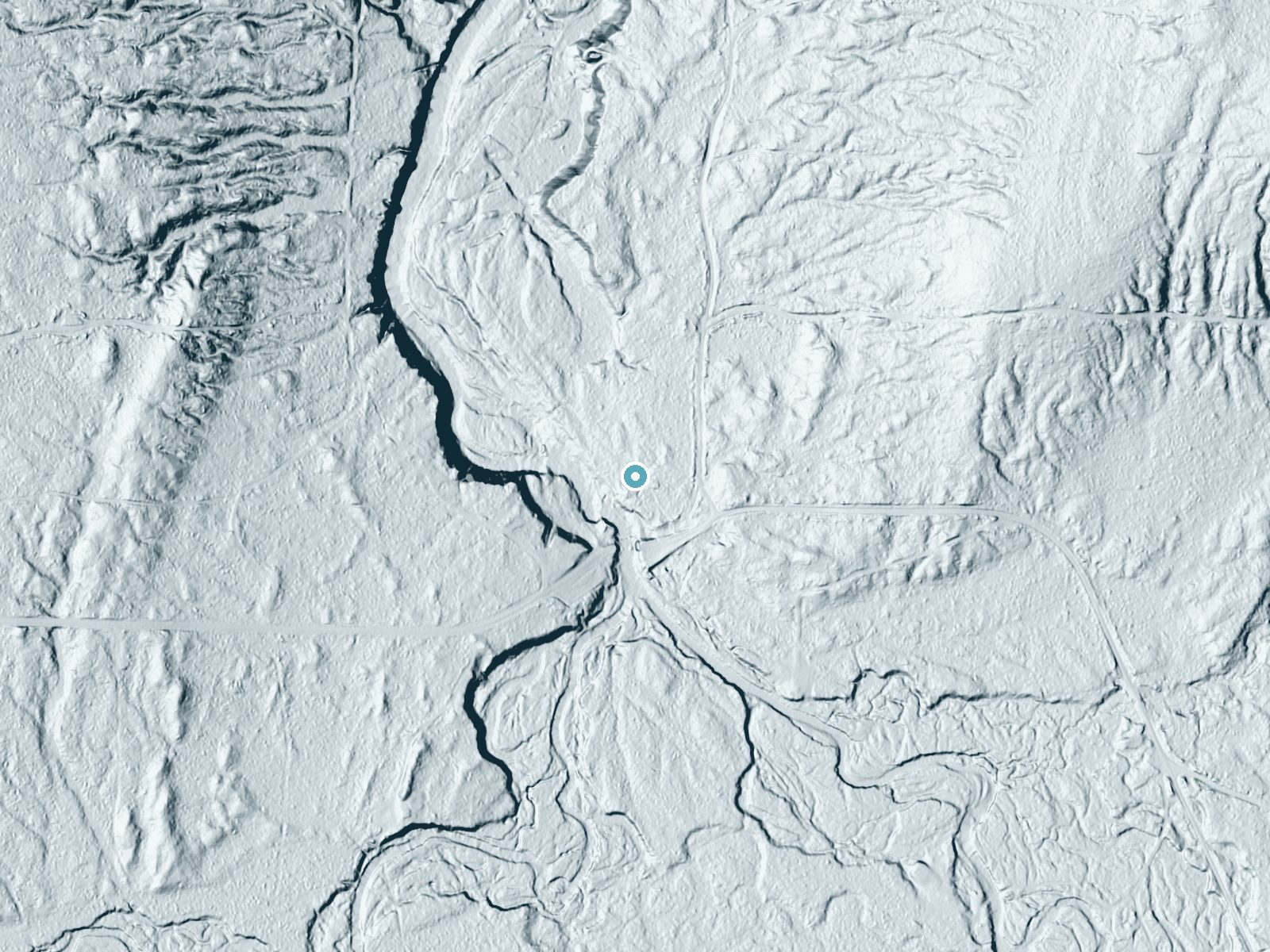 LiDAR bare-earth terrain around Lower Falls near Skanee, Michigan, showing about 25 feet of drop, a long cascade, facing west