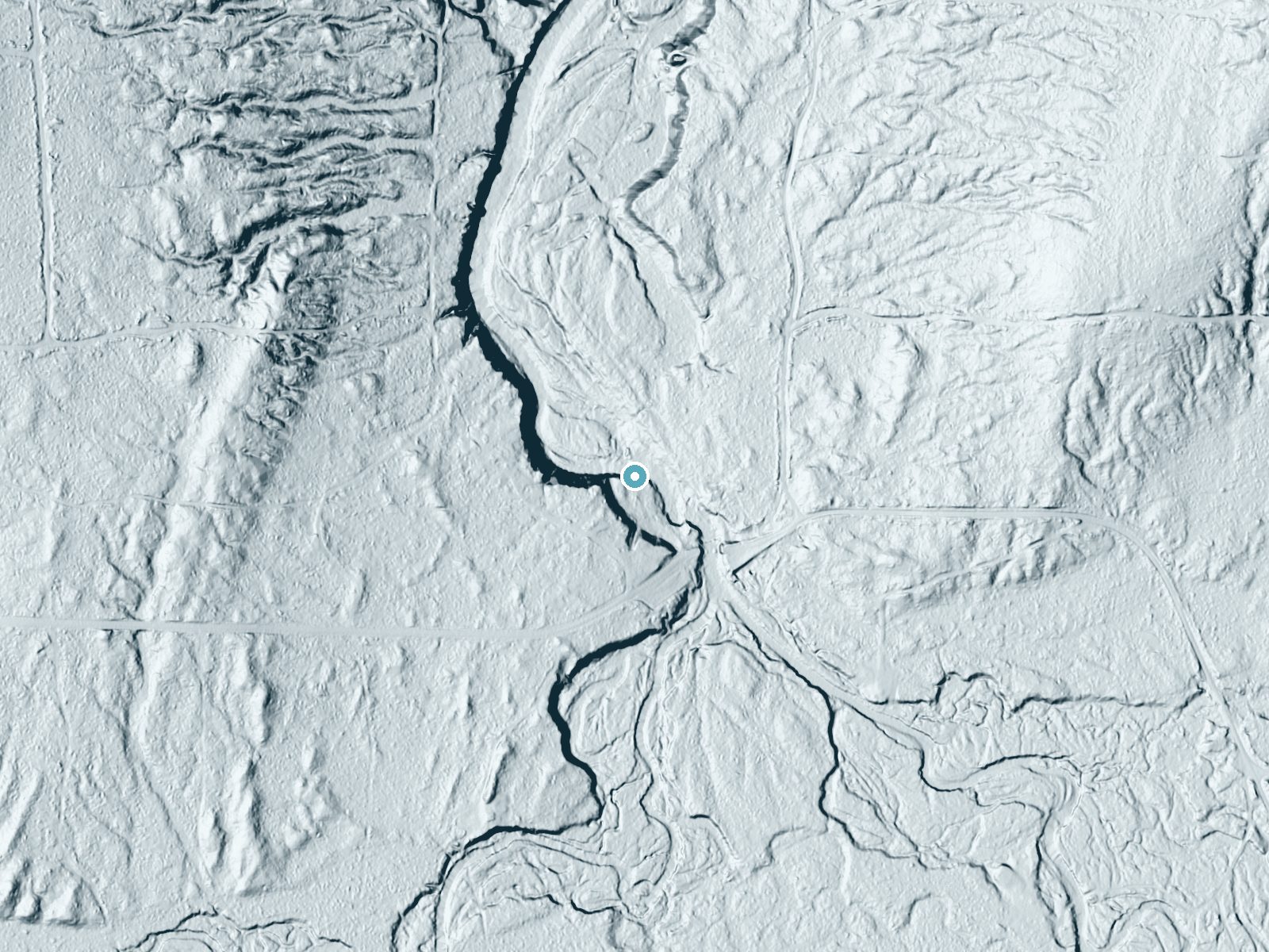 LiDAR bare-earth terrain around Big Erick's Falls near Skanee, Michigan, showing about 46 feet of drop, a long cascade, facing north