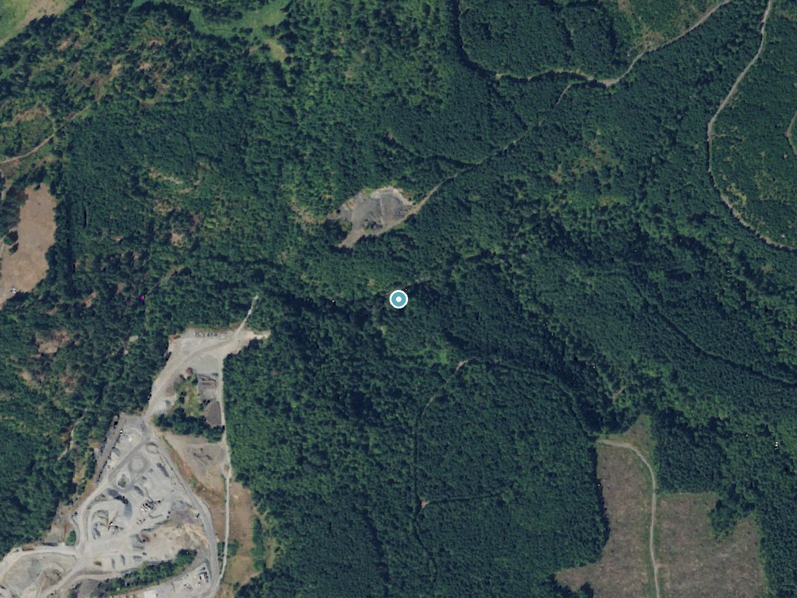 Aerial photo of the same ground around Wildcat Falls near Eatonville, Washington, for comparison with the lidar view