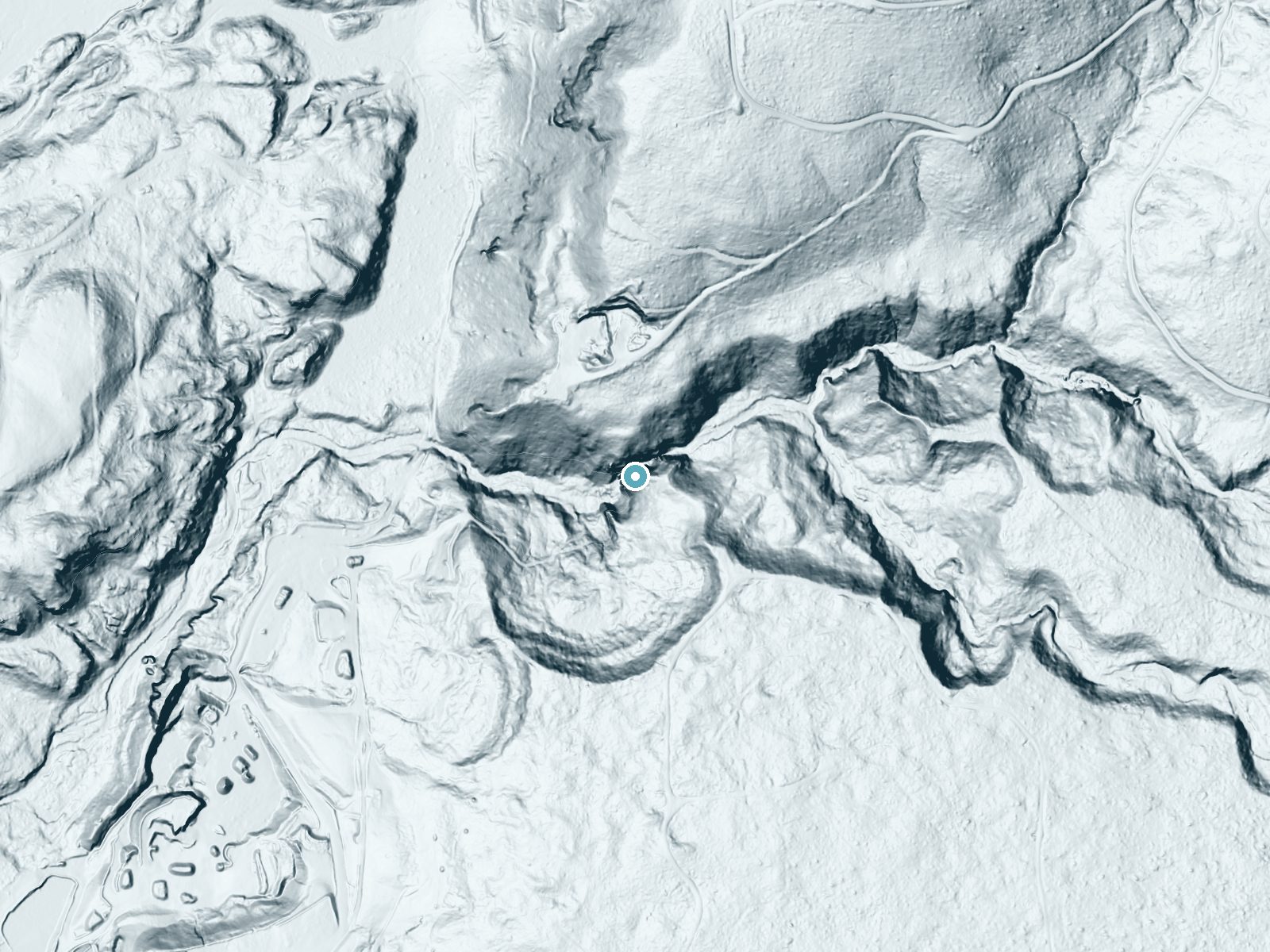 LiDAR bare-earth terrain around Wildcat Falls near Eatonville, Washington, showing about 230 feet of drop, a steep tiered drop, facing southwest