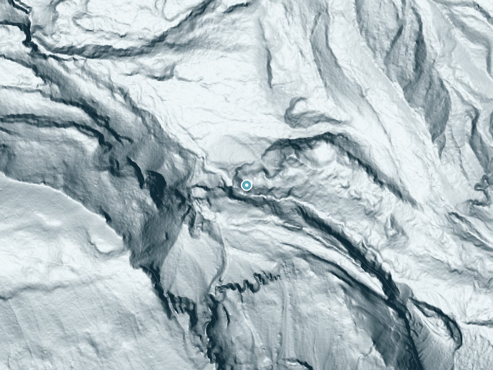 LiDAR bare-earth terrain around Giant Falls near Ashford, Washington, showing about 456 feet of drop, a single sheer drop, facing west