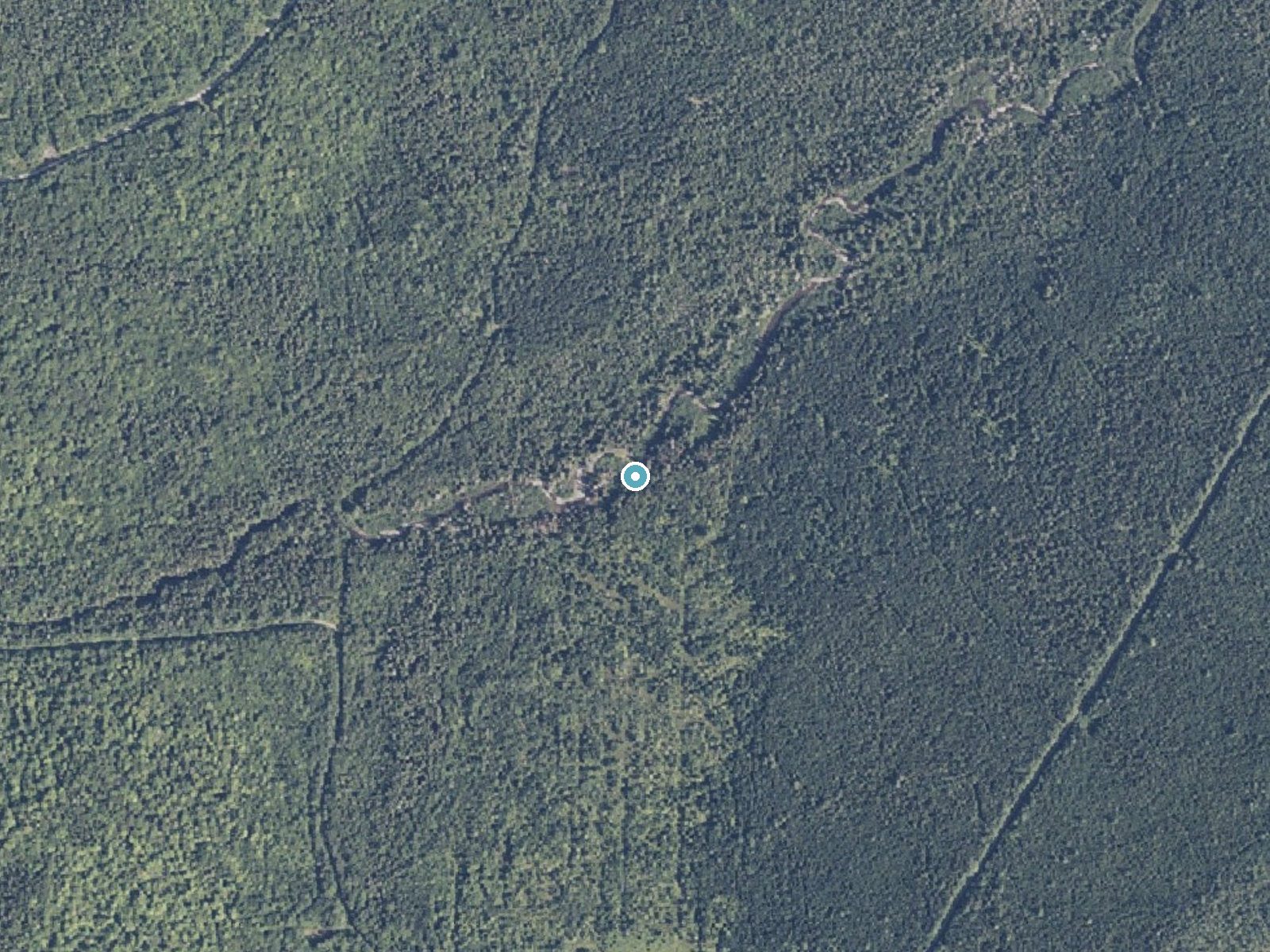 Aerial photo of the same ground around Red River Falls near Caribou, Maine, for comparison with the lidar view