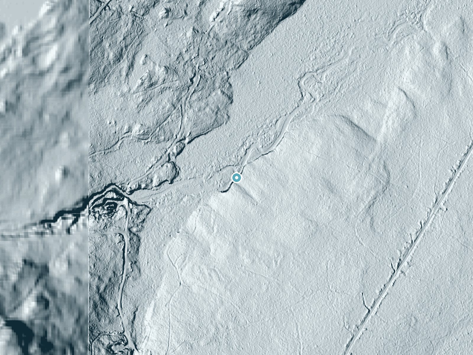 LiDAR bare-earth terrain around Red River Falls near Caribou, Maine, showing about 30 feet of drop, a long cascade, facing northwest