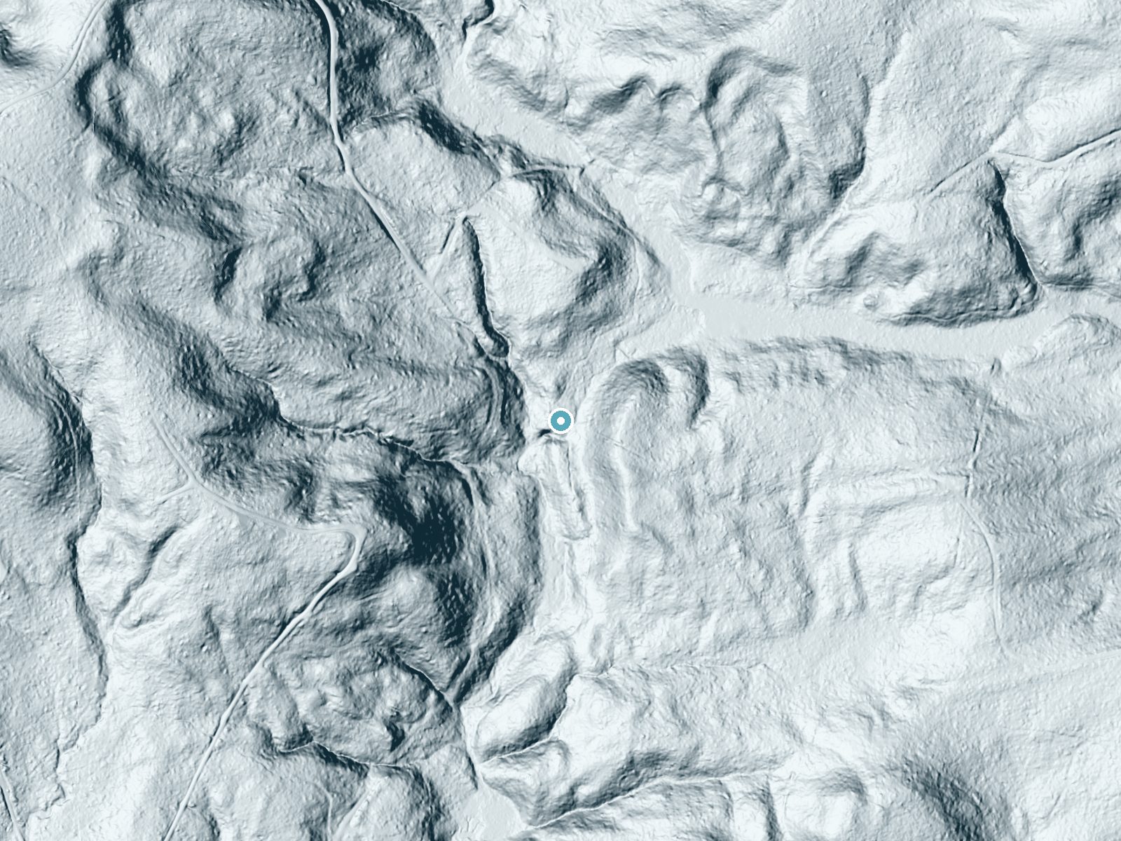 LiDAR bare-earth terrain around Mima Falls near Rochester, Washington, showing about 108 feet of drop, a steep tiered drop, facing west