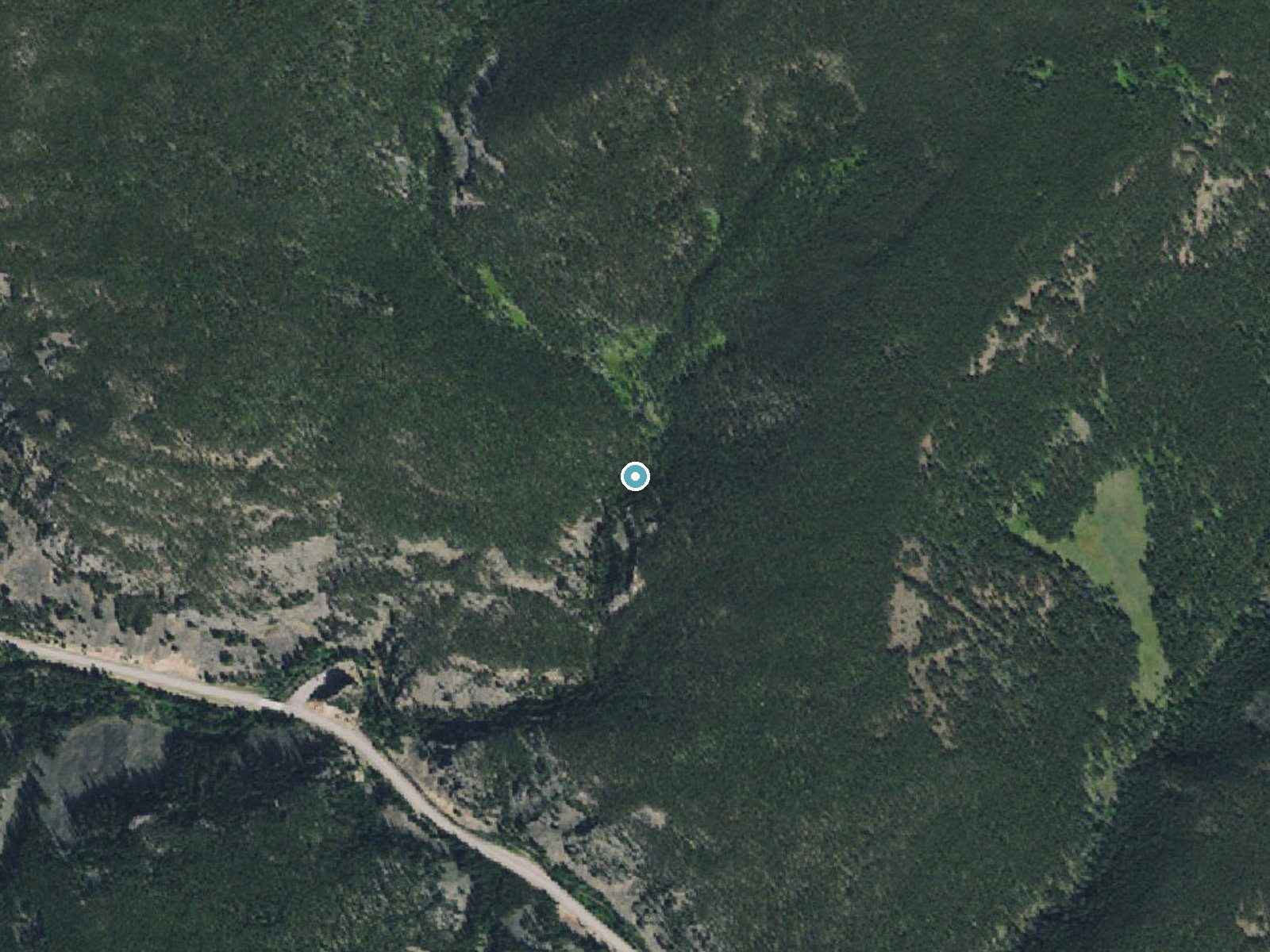 Aerial photo of the same ground around Memorial Falls near Neihart, Montana, for comparison with the lidar view