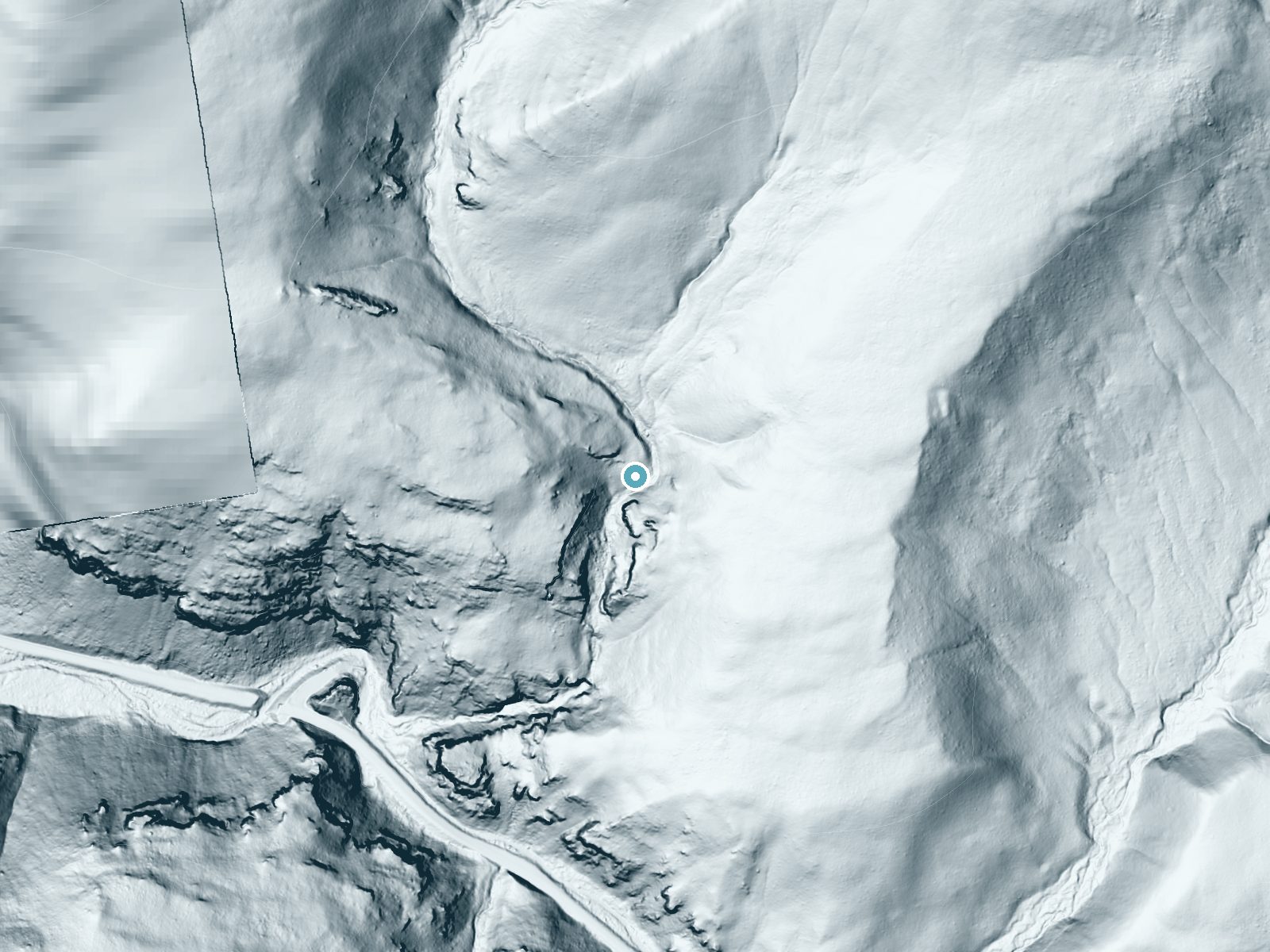 LiDAR bare-earth terrain around Memorial Falls near Neihart, Montana, showing about 122 feet of drop, a long cascade, facing southwest