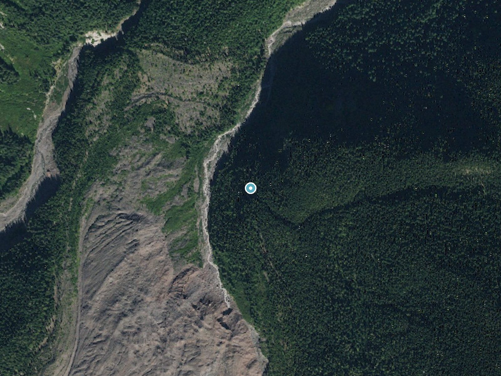 Aerial photo of the same ground around Garda Falls near Greenwater, Washington, for comparison with the lidar view