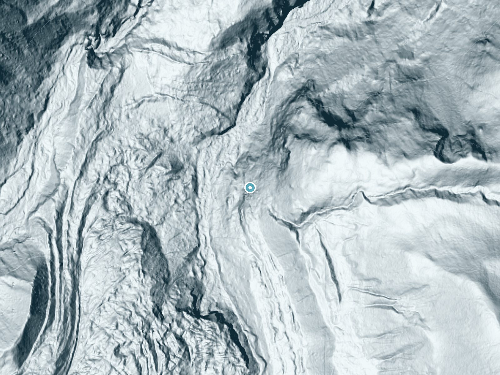 LiDAR bare-earth terrain around Garda Falls near Greenwater, Washington, showing about 364 feet of drop, a steep tiered drop, facing northwest