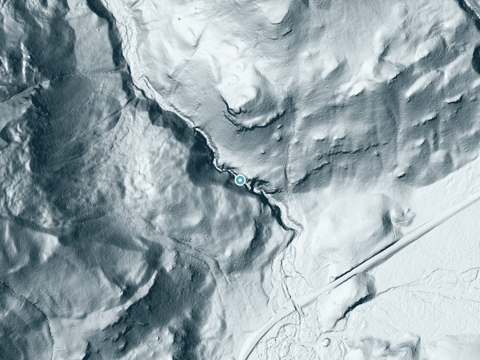 LiDAR bare-earth terrain around Union Creek Falls near Cliffdell, Washington, showing about 254 feet of drop, a steep tiered drop, facing east